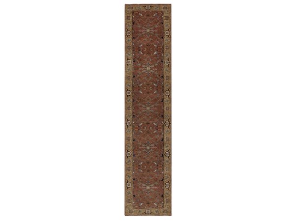 2'7"x12' Auburn Red, Hand Spun New Zealand Wool, Hand Knotted, Antiqued Fine Heriz Re-Creation,All Over Design, Denser Weave, Vegetable Dyes, Runner, Oriental Rug HR92417