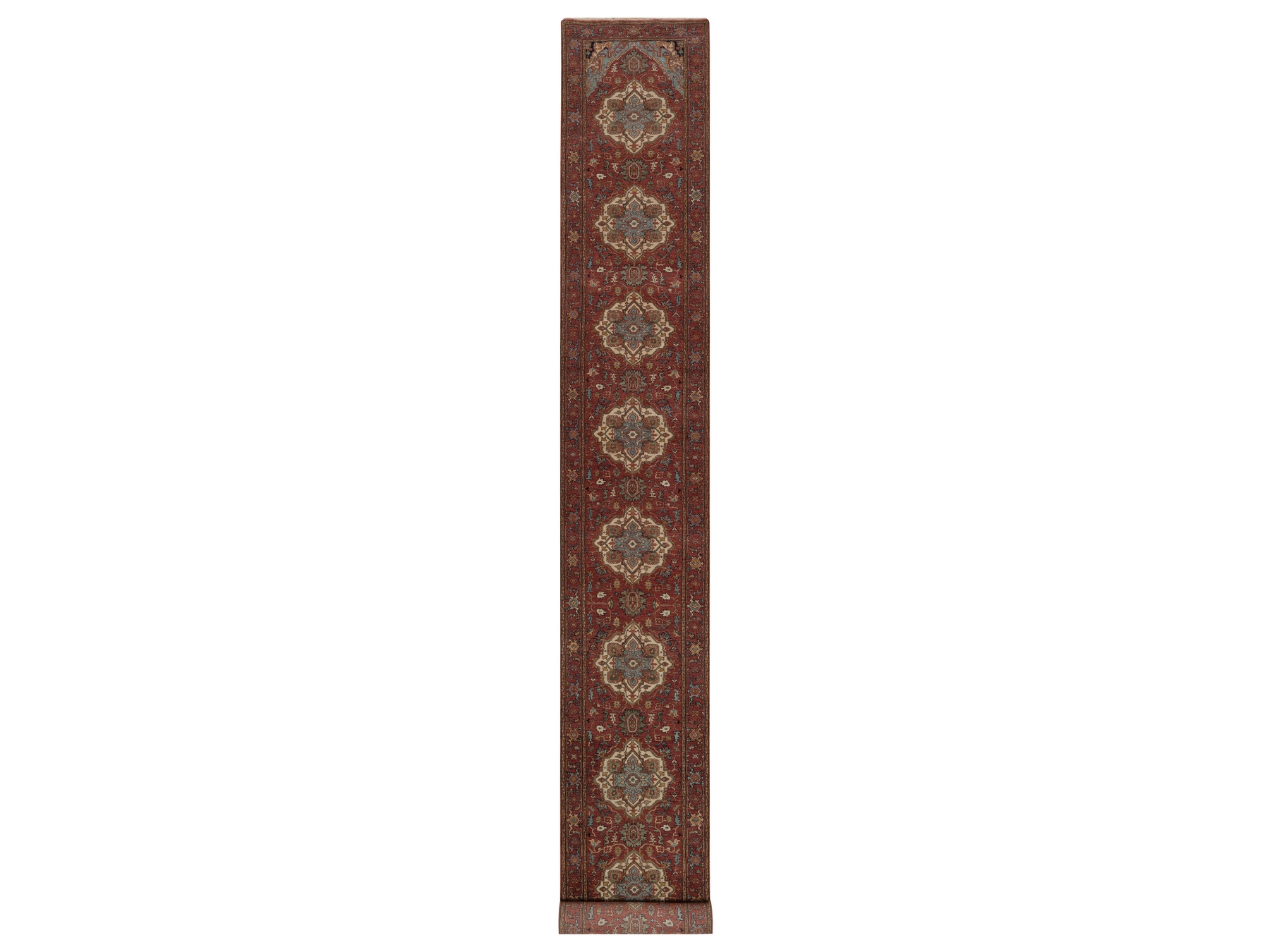 2'7"x21'7" Auburn Red, Antiqued Fine Heriz Re-Creation, Medallions Design, Hand Spun New Zealand Wool, Hand Knotted, Denser Weave, Vegetable Dyes, XL Runner, Oriental Rug HR92420