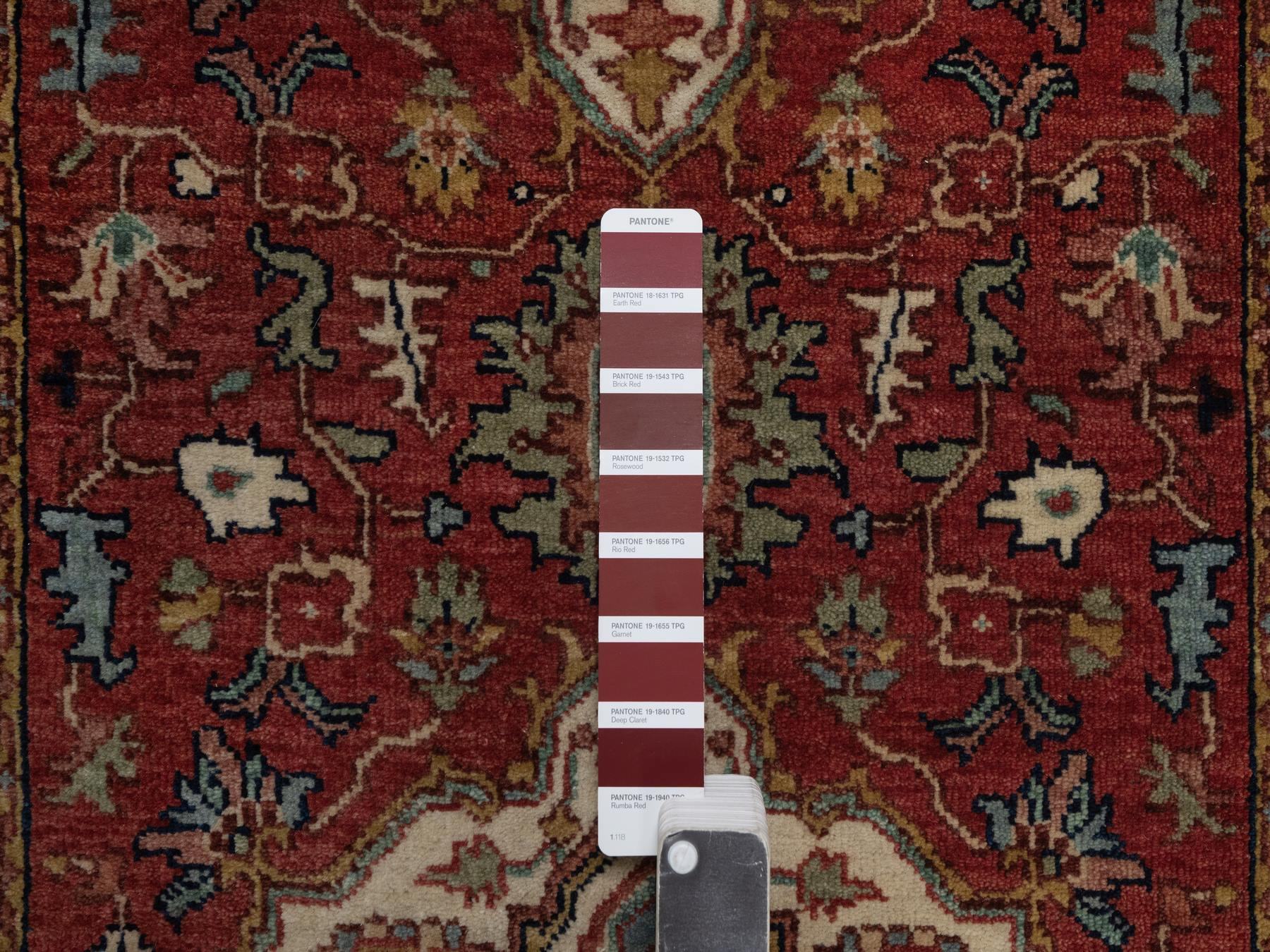 2'7"x21'7" Auburn Red, Antiqued Fine Heriz Re-Creation, Medallions Design, Hand Spun New Zealand Wool, Hand Knotted, Denser Weave, Vegetable Dyes, XL Runner, Oriental Rug HR92420 - Image 4