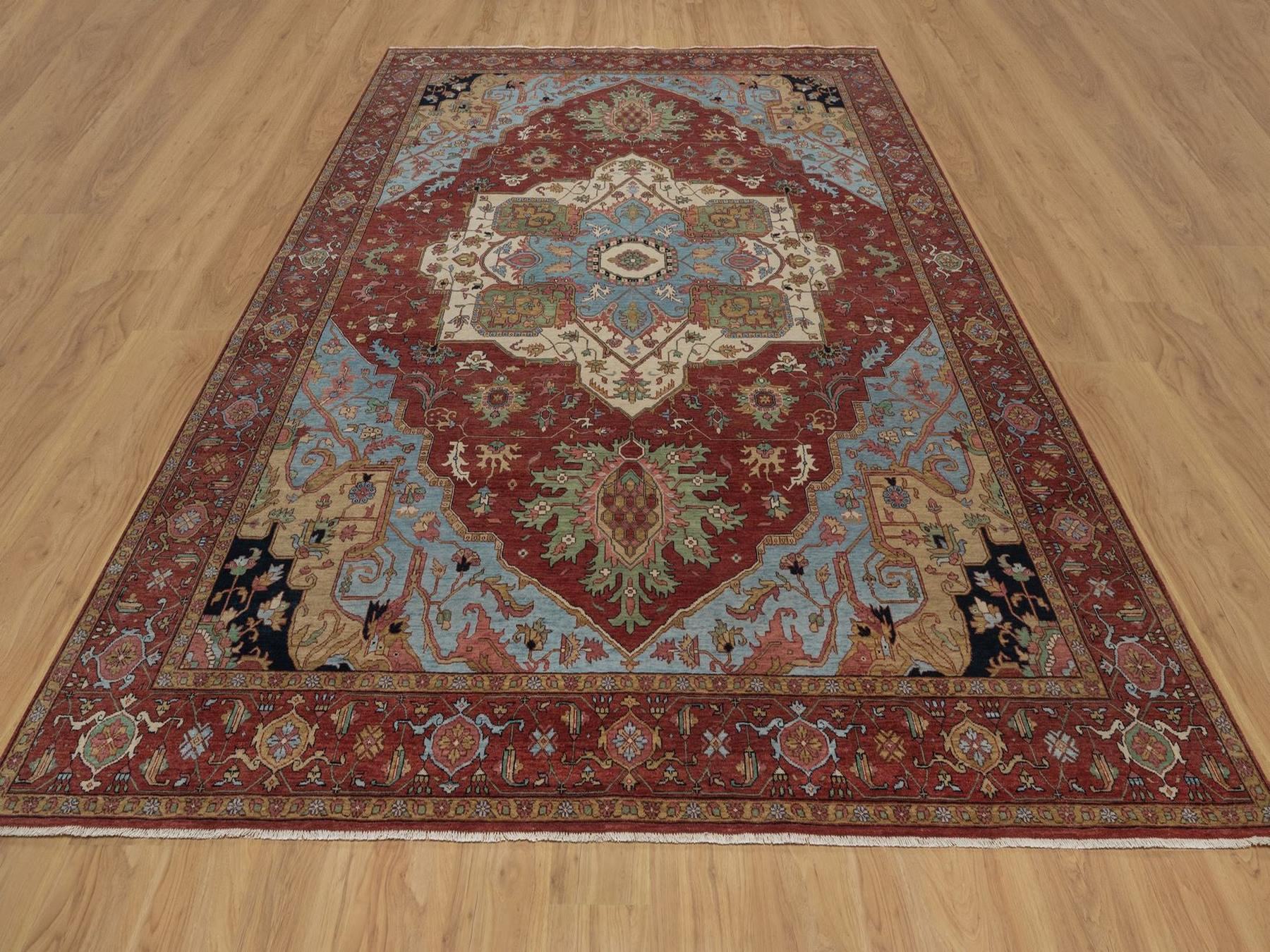 9'x12' Brick Red, Antiqued Fine Heriz Re-Creation with Medallion Design, Denser Weave, Vegetable Dyes, Hand Spun New Zealand Wool, Hand Knotted, Oriental Rug HR92423 - Image 2