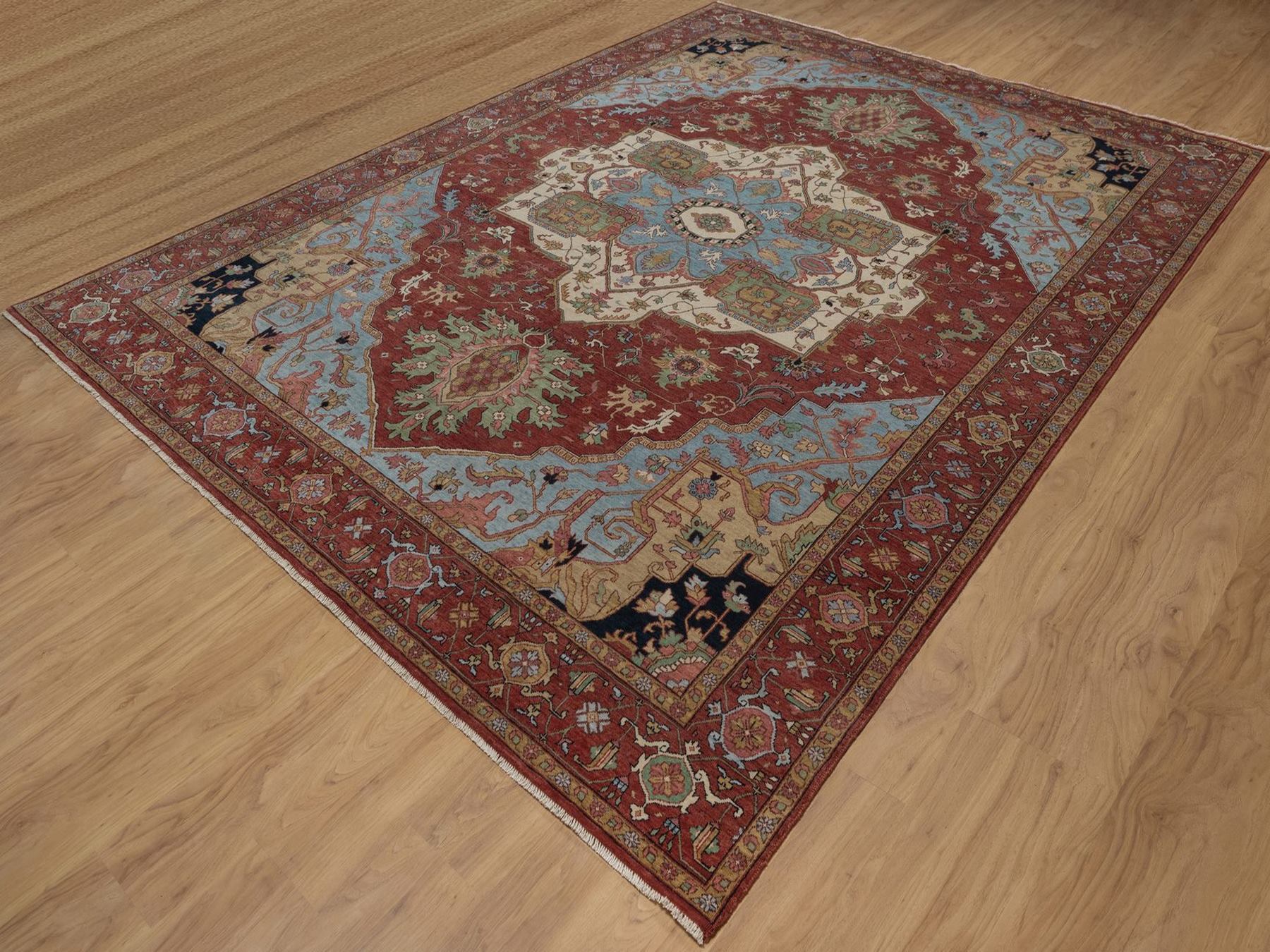 9'x12' Brick Red, Antiqued Fine Heriz Re-Creation with Medallion Design, Denser Weave, Vegetable Dyes, Hand Spun New Zealand Wool, Hand Knotted, Oriental Rug HR92423 - Image 3
