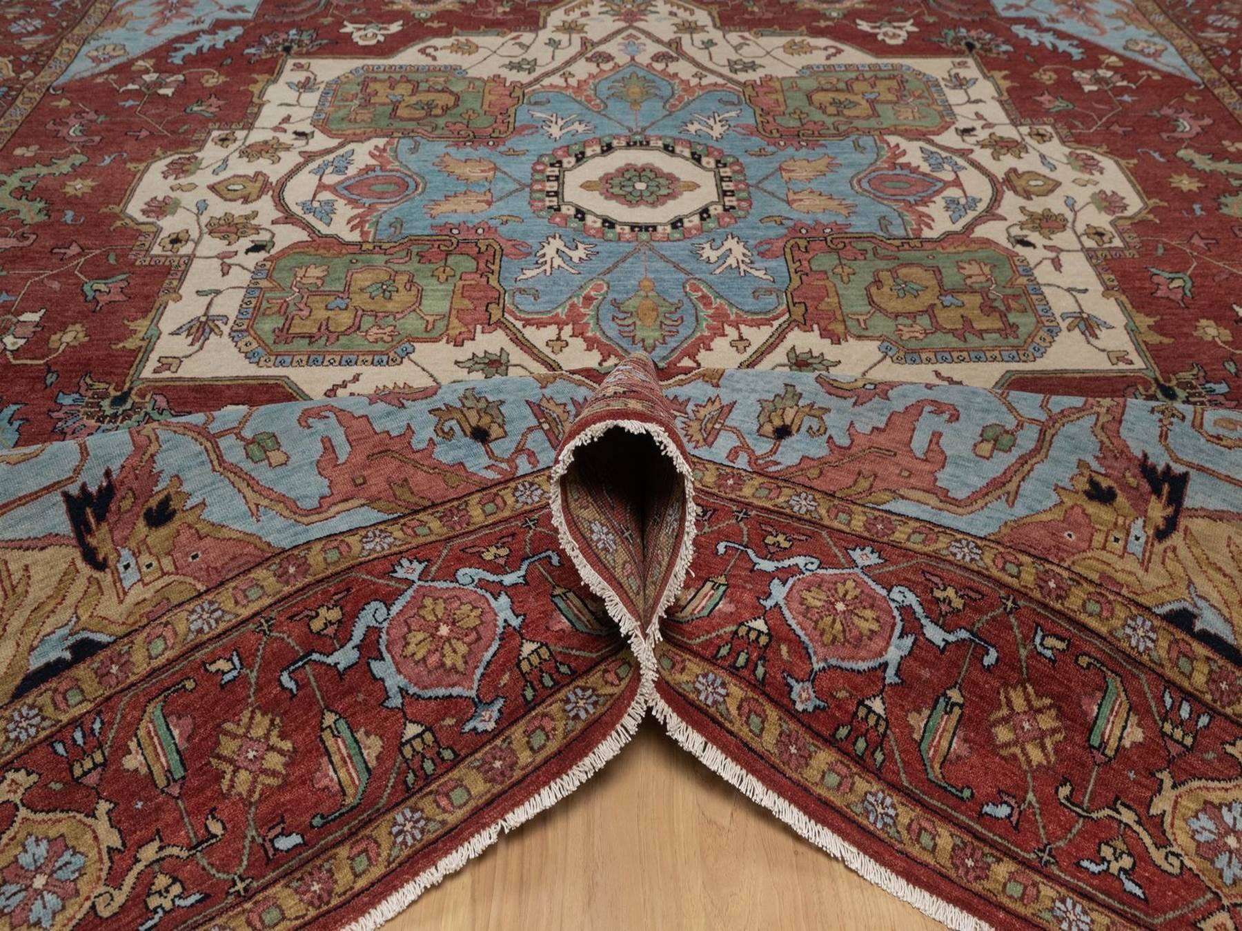 9'x12' Brick Red, Antiqued Fine Heriz Re-Creation with Medallion Design, Denser Weave, Vegetable Dyes, Hand Spun New Zealand Wool, Hand Knotted, Oriental Rug HR92423 - Image 5