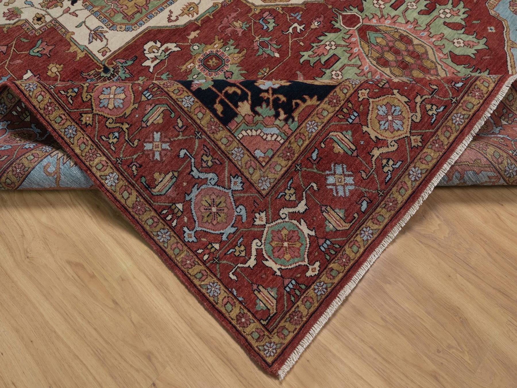 9'x12' Brick Red, Antiqued Fine Heriz Re-Creation with Medallion Design, Denser Weave, Vegetable Dyes, Hand Spun New Zealand Wool, Hand Knotted, Oriental Rug HR92423 - Image 6