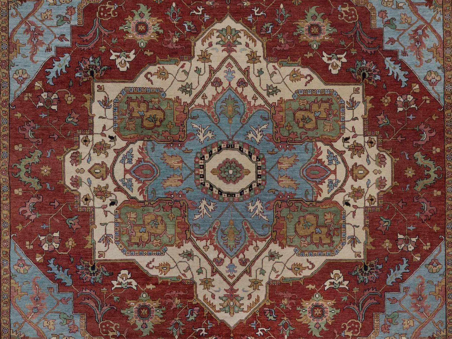 9'x12' Brick Red, Antiqued Fine Heriz Re-Creation with Medallion Design, Denser Weave, Vegetable Dyes, Hand Spun New Zealand Wool, Hand Knotted, Oriental Rug HR92423 - Image 8