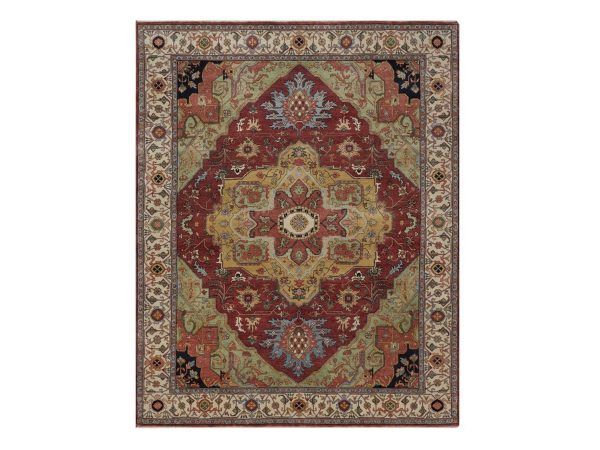 8'x10'1" Barn Red, Antiqued Fine Heriz Re-Creation with Medallion Design, Denser Weave, Vegetable Dyes, Hand Spun New Zealand Wool, Hand Knotted, Oriental Rug HR92425