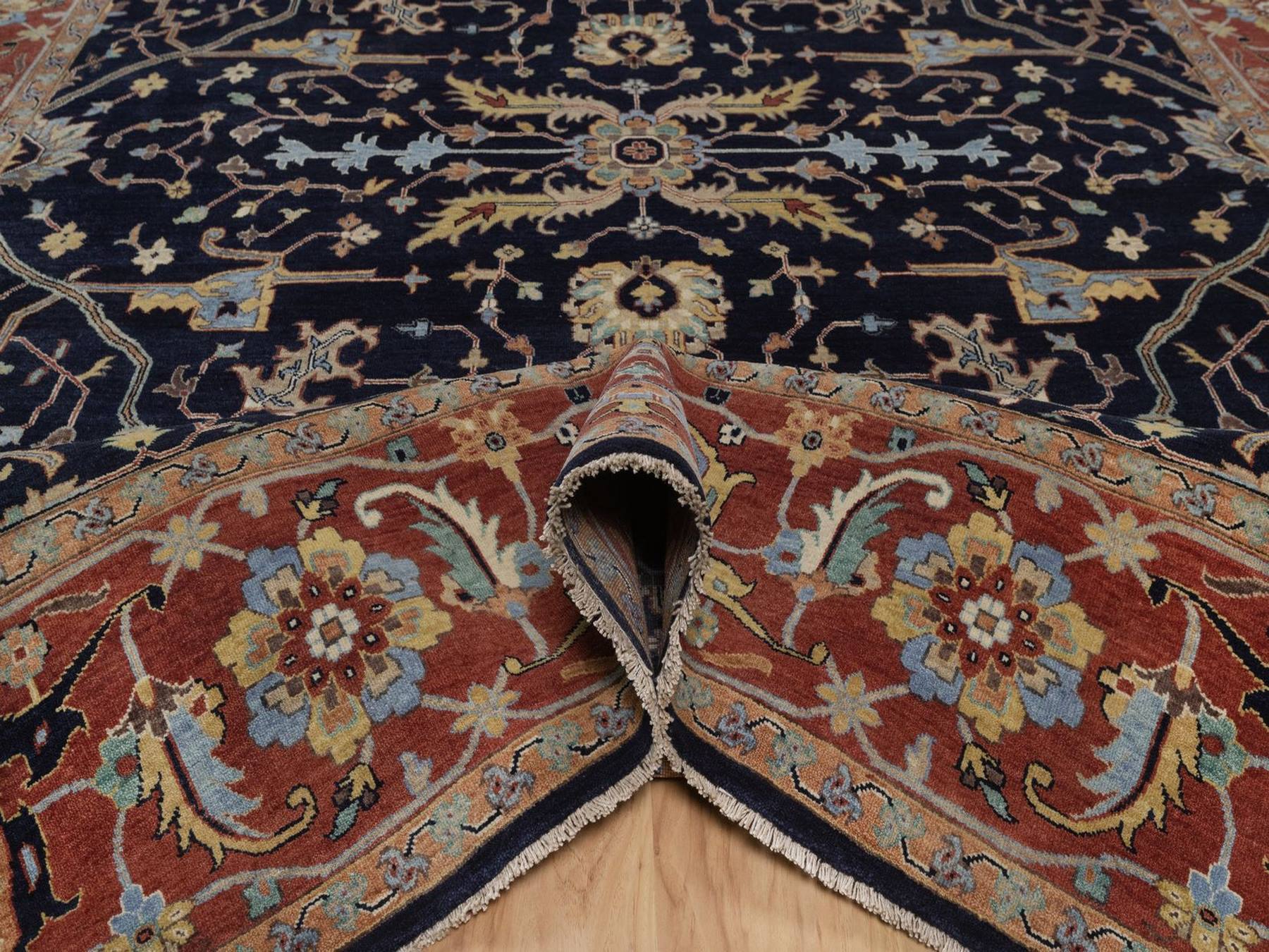 9'x12'1" Midnight Blue, Antiqued Fine Heriz Re-Creation with All Over Design, Hand Spun New Zealand Wool, Hand Knotted, Denser Weave, Vegetable Dyes, Oriental Rug HR92431 - Image 5