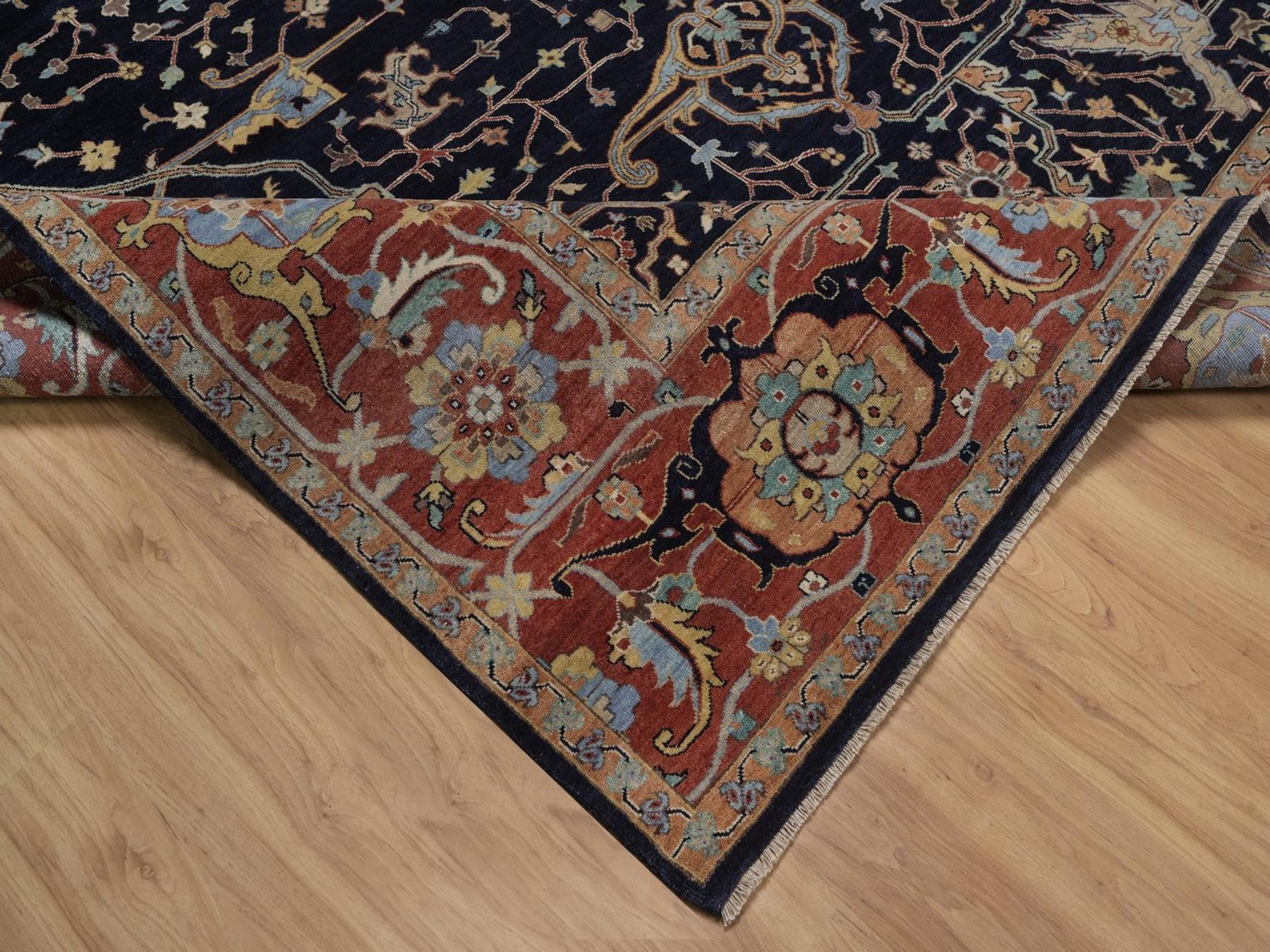 9'x12'1" Midnight Blue, Antiqued Fine Heriz Re-Creation with All Over Design, Hand Spun New Zealand Wool, Hand Knotted, Denser Weave, Vegetable Dyes, Oriental Rug HR92431 - Image 6