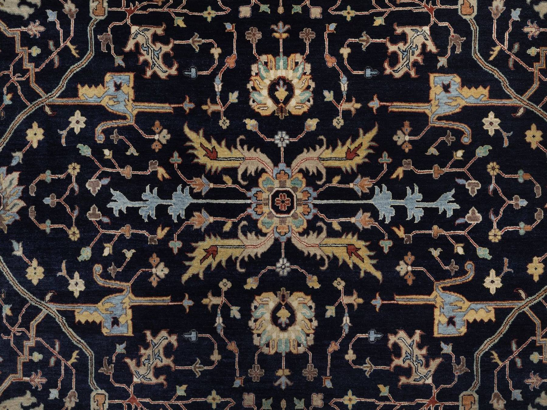 9'x12'1" Midnight Blue, Antiqued Fine Heriz Re-Creation with All Over Design, Hand Spun New Zealand Wool, Hand Knotted, Denser Weave, Vegetable Dyes, Oriental Rug HR92431 - Image 8