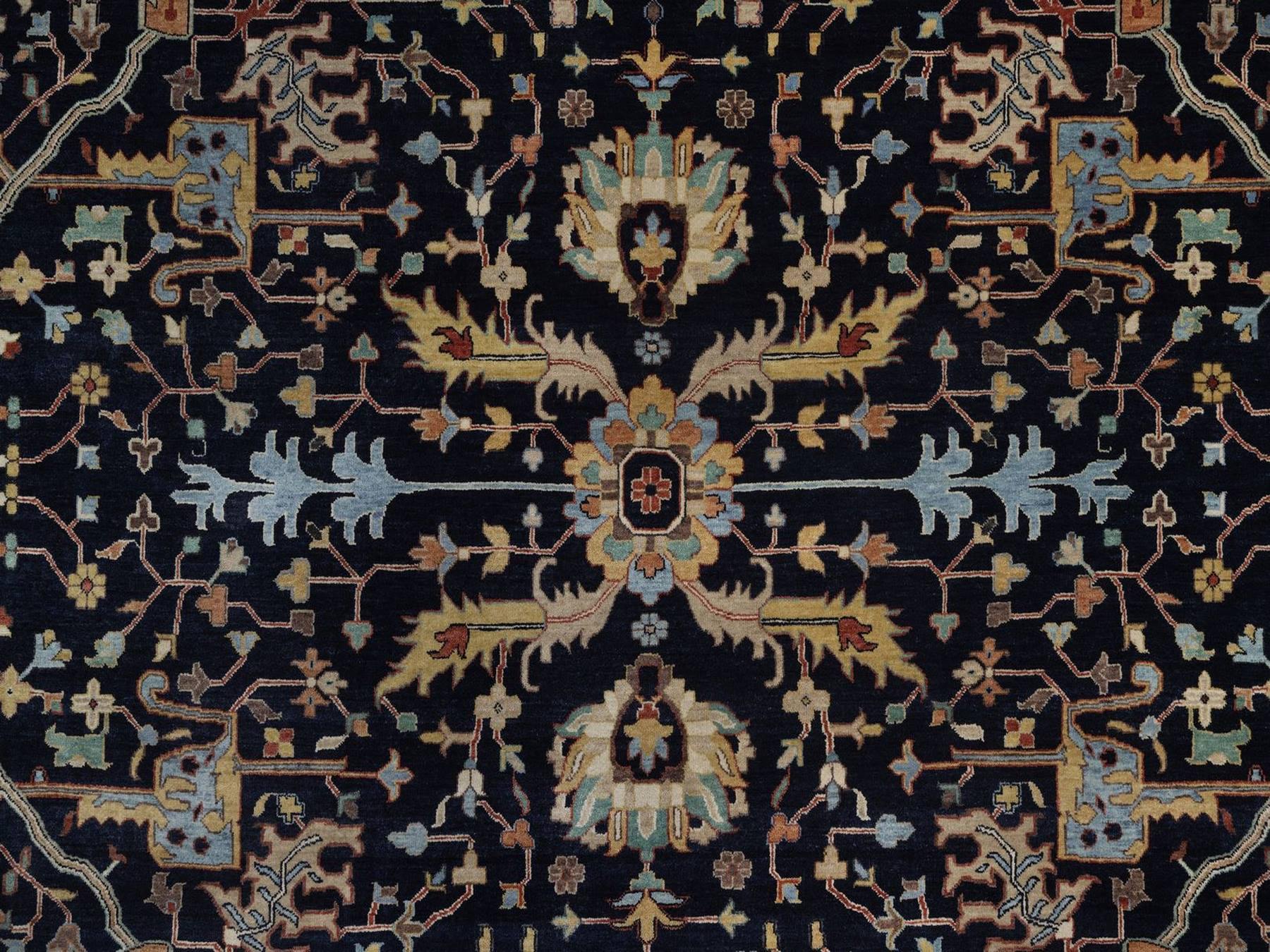 12'2"x14'10" Midnight Blue, Antiqued Fine Heriz Re-Creation, All Over Design, Hand Spun New Zealand Wool, Hand Knotted, Denser Weave, Vegetable Dyes, Oversized, XL, Oriental Rug HR92432 - Image 8