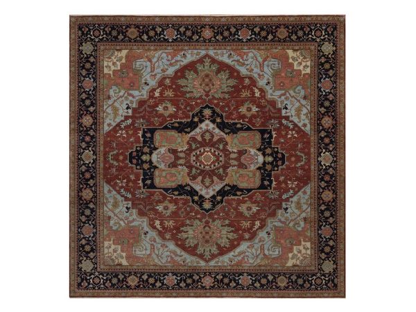12'x12' Auburn Red, Antiqued Fine Heriz Re-Creation with Medallion Design, Denser Weave, Vegetable Dyes, Hand Knotted, Hand Spun New Zealand Wool, Square, Oriental Rug HR92433