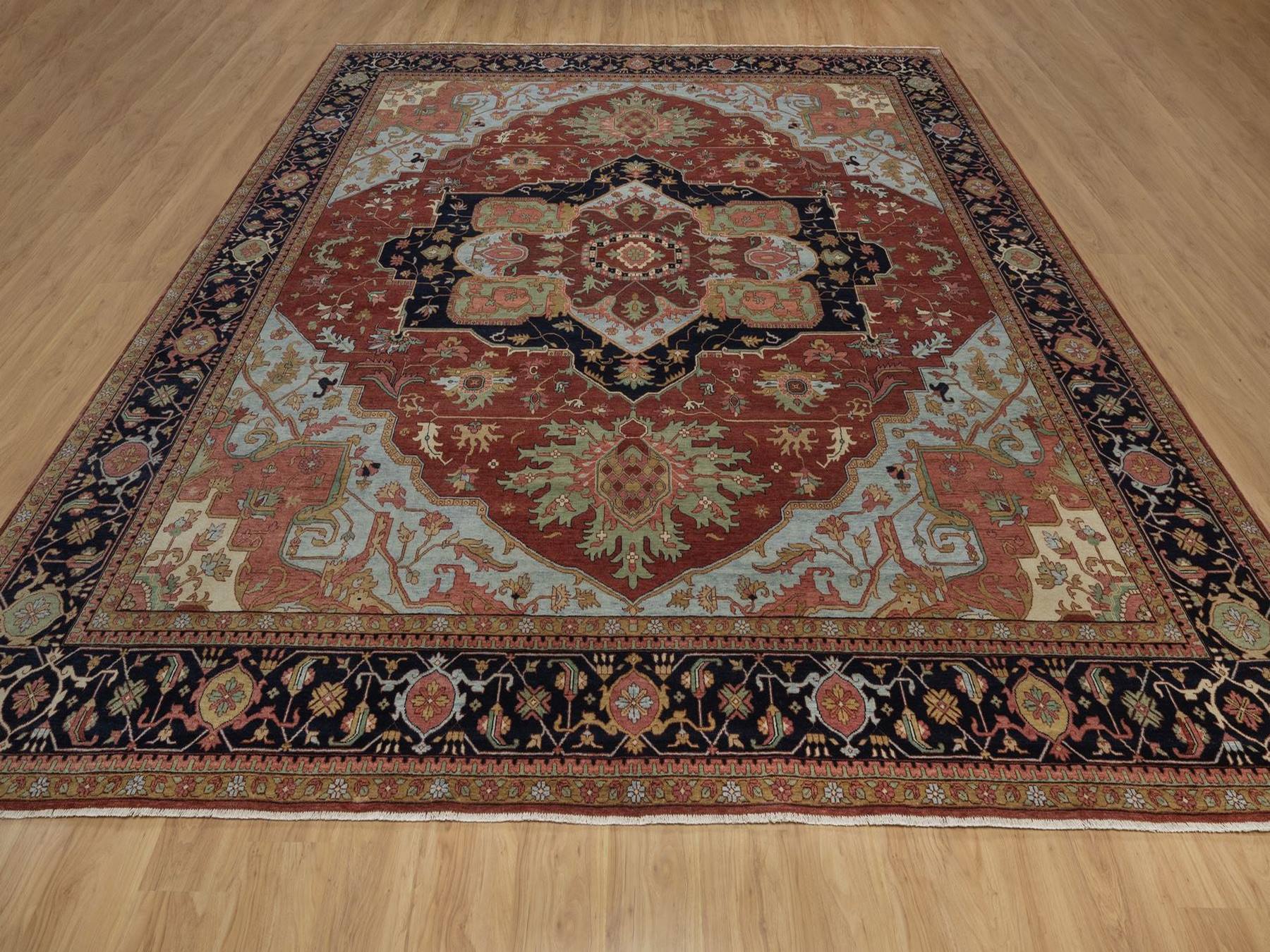 12'x12' Auburn Red, Antiqued Fine Heriz Re-Creation with Medallion Design, Denser Weave, Vegetable Dyes, Hand Knotted, Hand Spun New Zealand Wool, Square, Oriental Rug HR92433 - Image 2