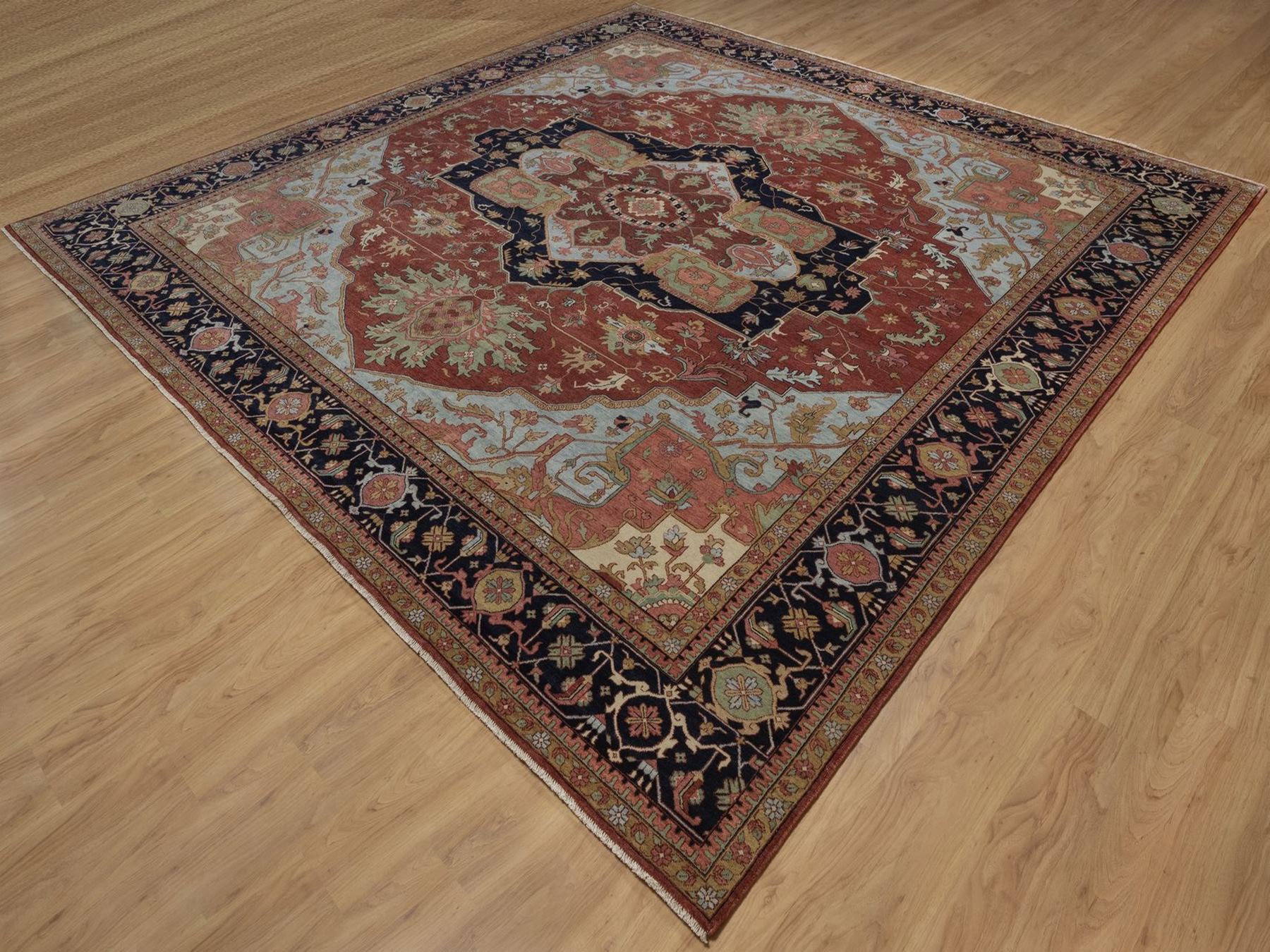 12'x12' Auburn Red, Antiqued Fine Heriz Re-Creation with Medallion Design, Denser Weave, Vegetable Dyes, Hand Knotted, Hand Spun New Zealand Wool, Square, Oriental Rug HR92433 - Image 3