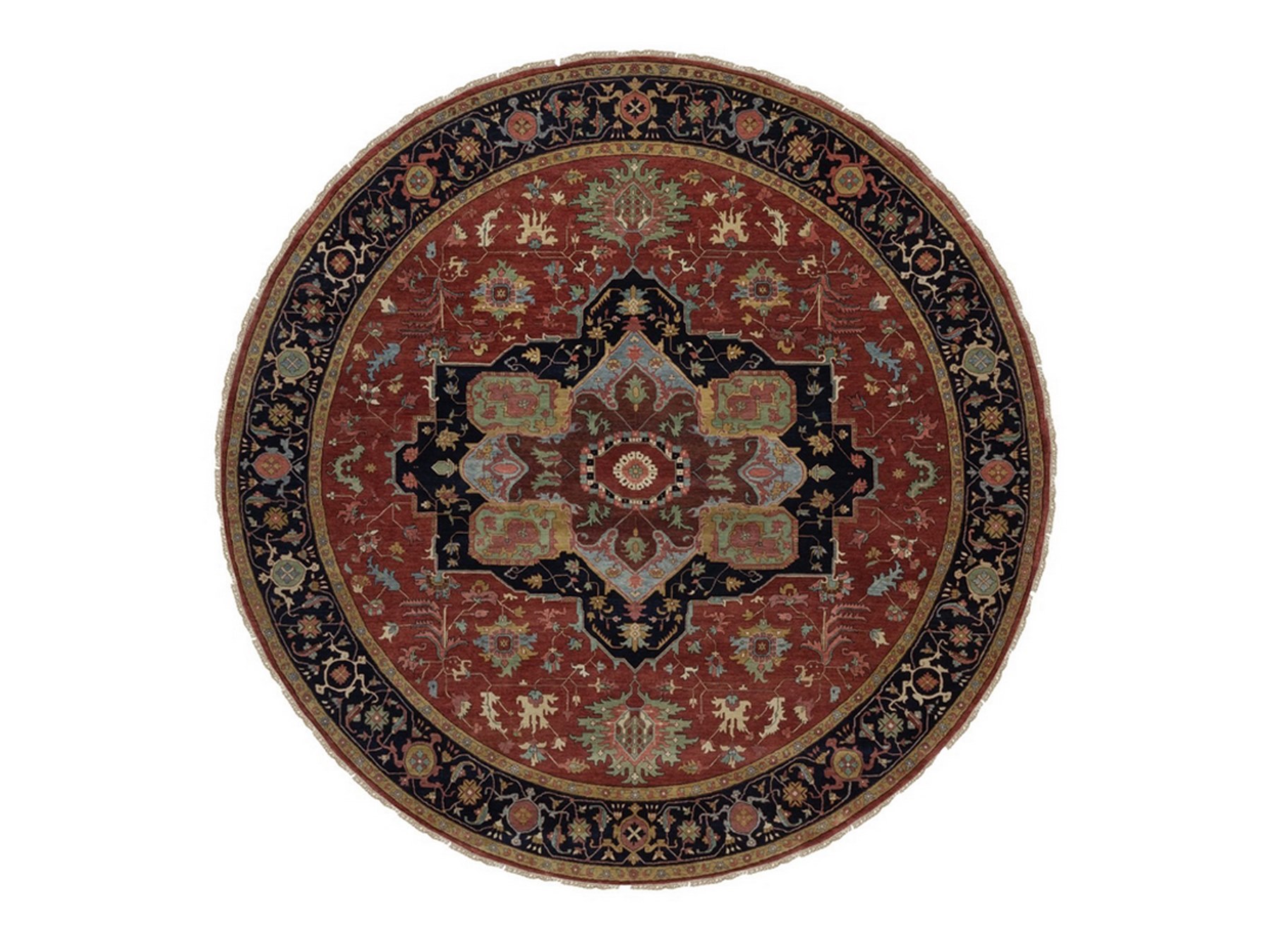 12'x12' Barn Red, Hand Knotted, Antiqued Fine Heriz Re-Creation, Medallion Design, Hand Spun New Zealand Wool, Denser Weave, Vegetable Dyes, Round, Oriental Rug HR92435