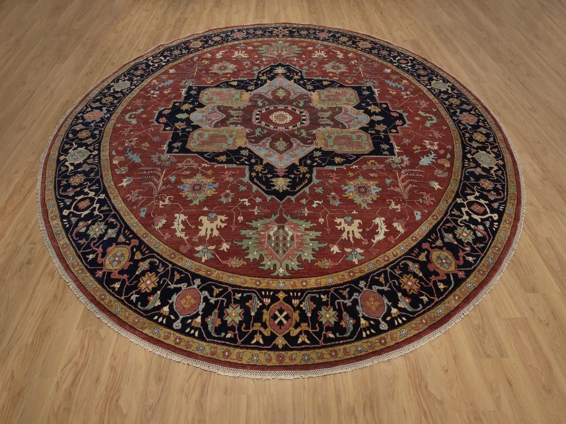 12'x12' Barn Red, Hand Knotted, Antiqued Fine Heriz Re-Creation, Medallion Design, Hand Spun New Zealand Wool, Denser Weave, Vegetable Dyes, Round, Oriental Rug HR92435 - Image 2