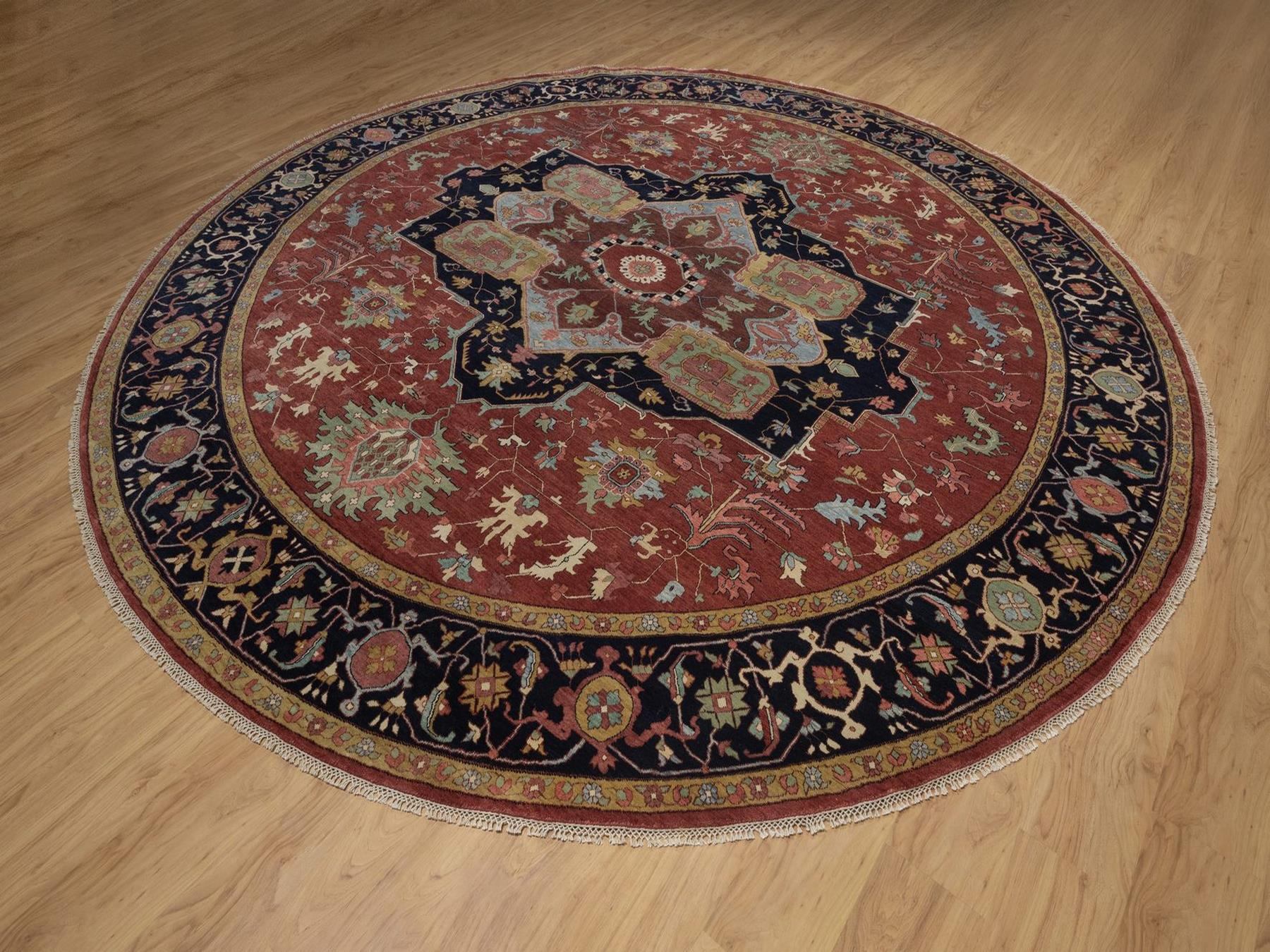 12'x12' Barn Red, Hand Knotted, Antiqued Fine Heriz Re-Creation, Medallion Design, Hand Spun New Zealand Wool, Denser Weave, Vegetable Dyes, Round, Oriental Rug HR92435 - Image 3
