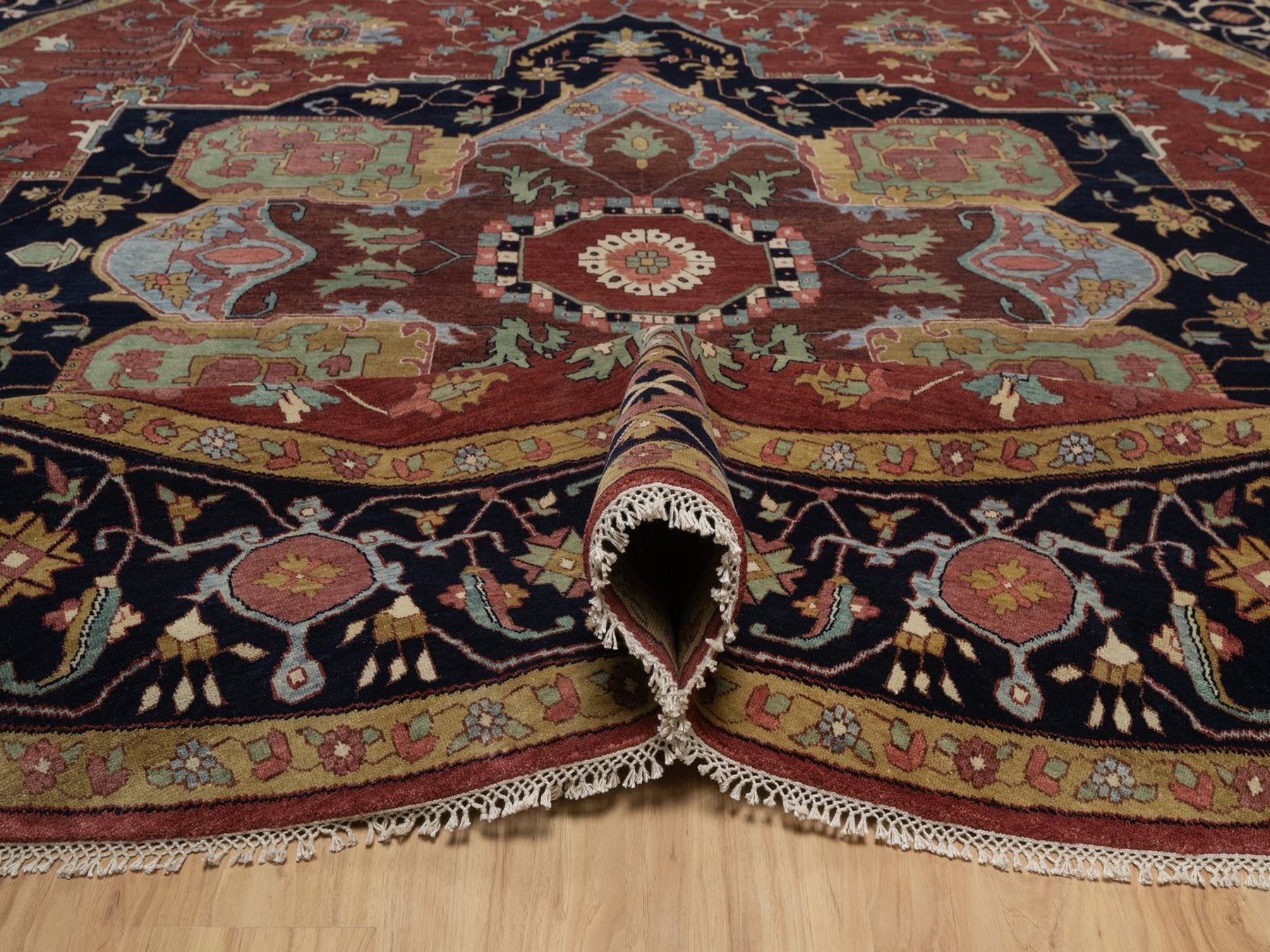 12'x12' Barn Red, Hand Knotted, Antiqued Fine Heriz Re-Creation, Medallion Design, Hand Spun New Zealand Wool, Denser Weave, Vegetable Dyes, Round, Oriental Rug HR92435 - Image 5