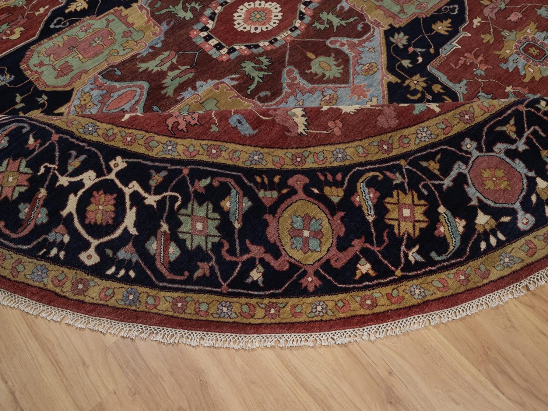 12'x12' Barn Red, Hand Knotted, Antiqued Fine Heriz Re-Creation, Medallion Design, Hand Spun New Zealand Wool, Denser Weave, Vegetable Dyes, Round, Oriental Rug HR92435 - Image 6