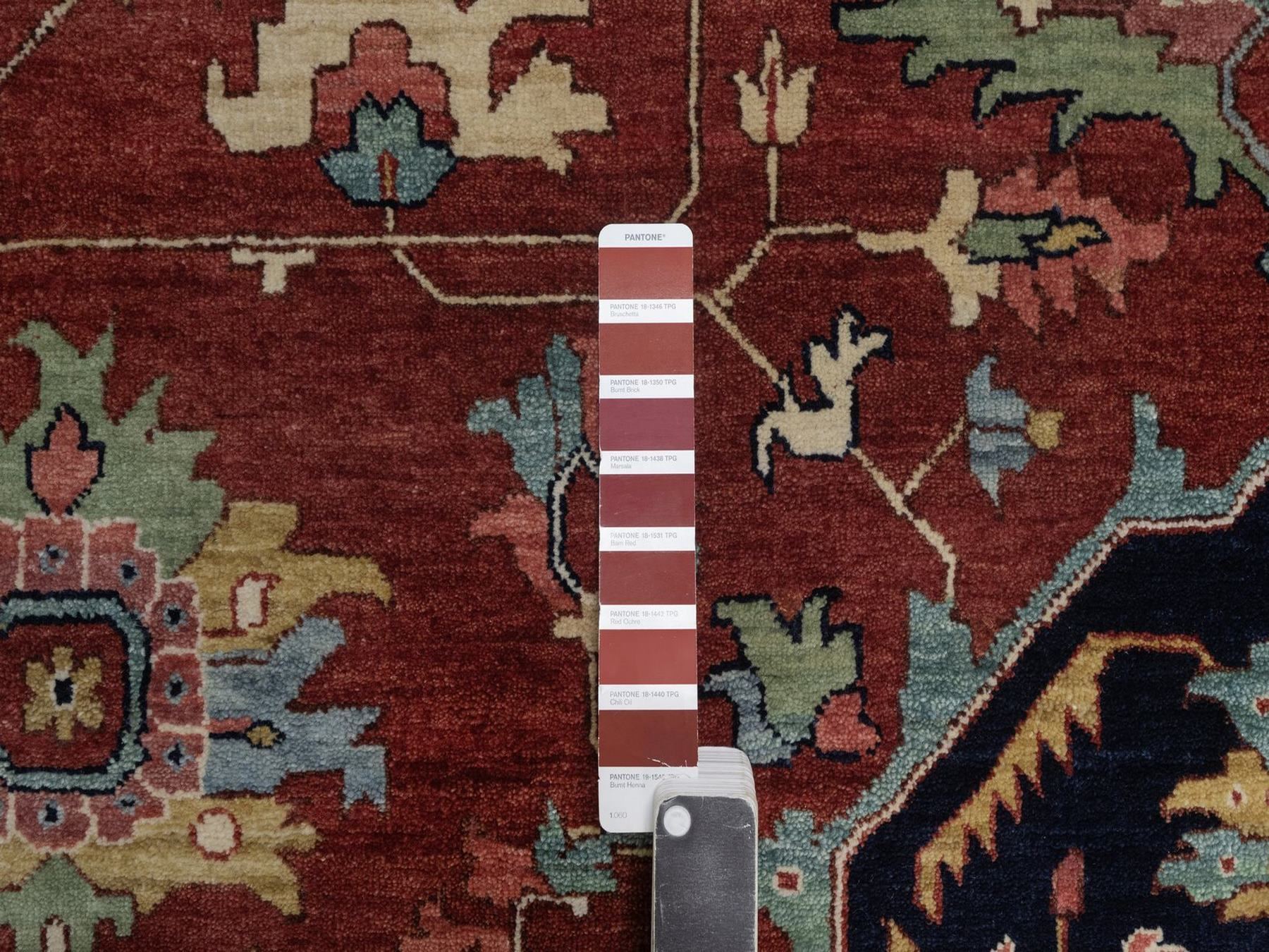 12'x12' Barn Red, Hand Knotted, Antiqued Fine Heriz Re-Creation, Medallion Design, Hand Spun New Zealand Wool, Denser Weave, Vegetable Dyes, Round, Oriental Rug HR92435 - Image 7