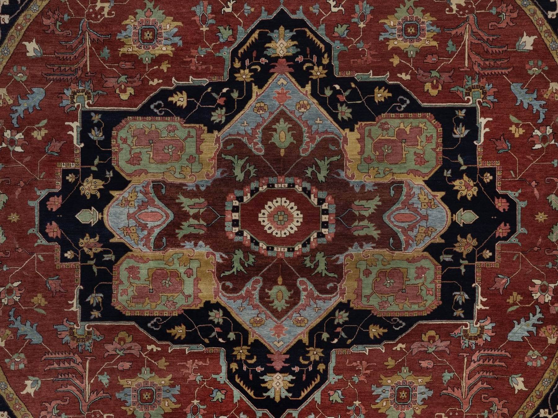 12'x12' Barn Red, Hand Knotted, Antiqued Fine Heriz Re-Creation, Medallion Design, Hand Spun New Zealand Wool, Denser Weave, Vegetable Dyes, Round, Oriental Rug HR92435 - Image 8