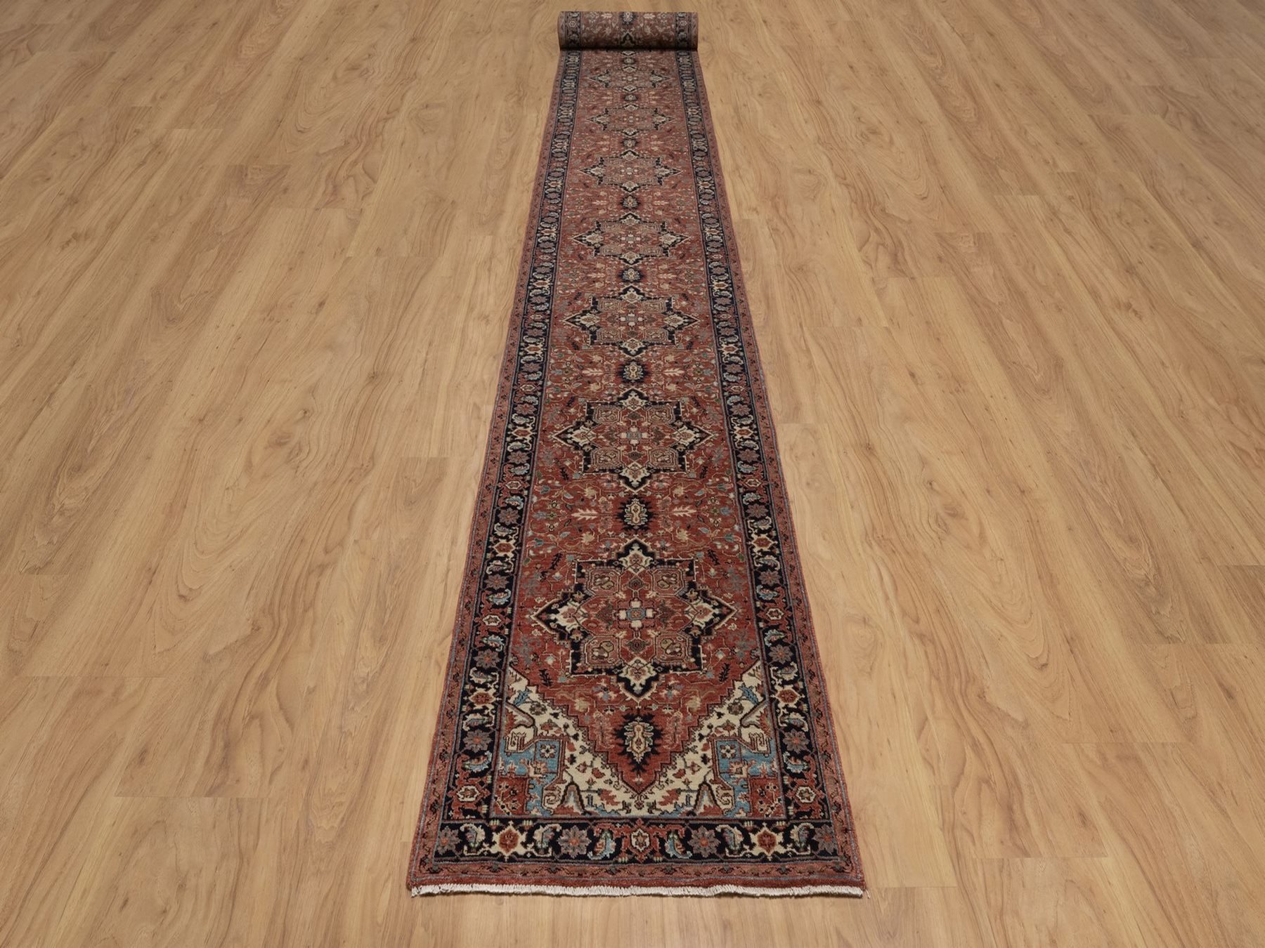 2'7"x26'1" Auburn Red, Antiqued Fine Heriz Re-Creation, Medallions Design, Denser Weave, Vegetable Dyes, Hand Spun New Zealand Wool, Hand Knotted, XL Runner, Oriental Rug HR92439 - Image 2