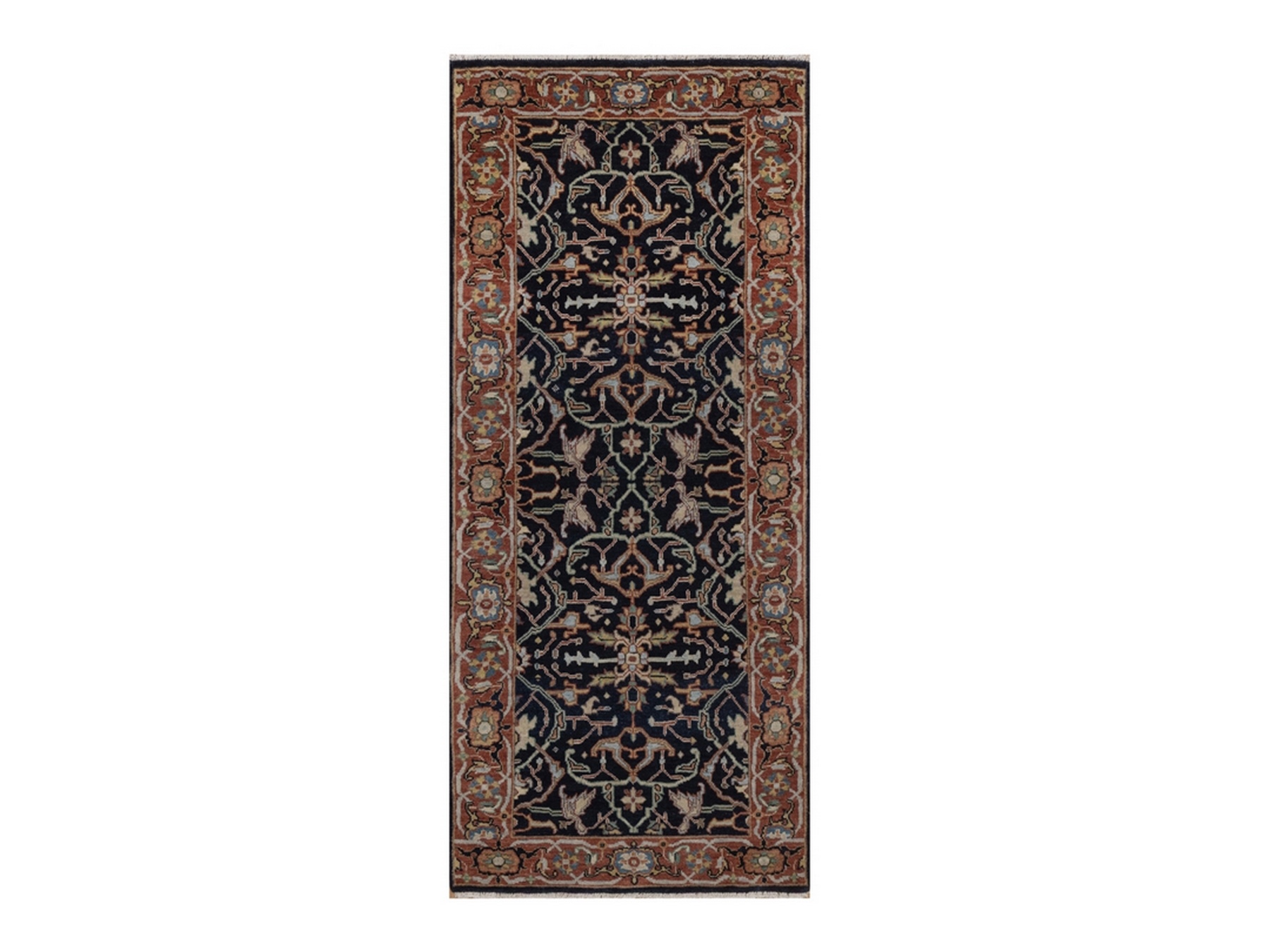 2'7"x6' Midnight Blue, Hand Spun New Zealand Wool, Hand Knotted, Antiqued Fine Heriz Re-Creation with All Over Design, Denser Weave, Vegetable Dyes, Runner, Oriental Rug HR92440