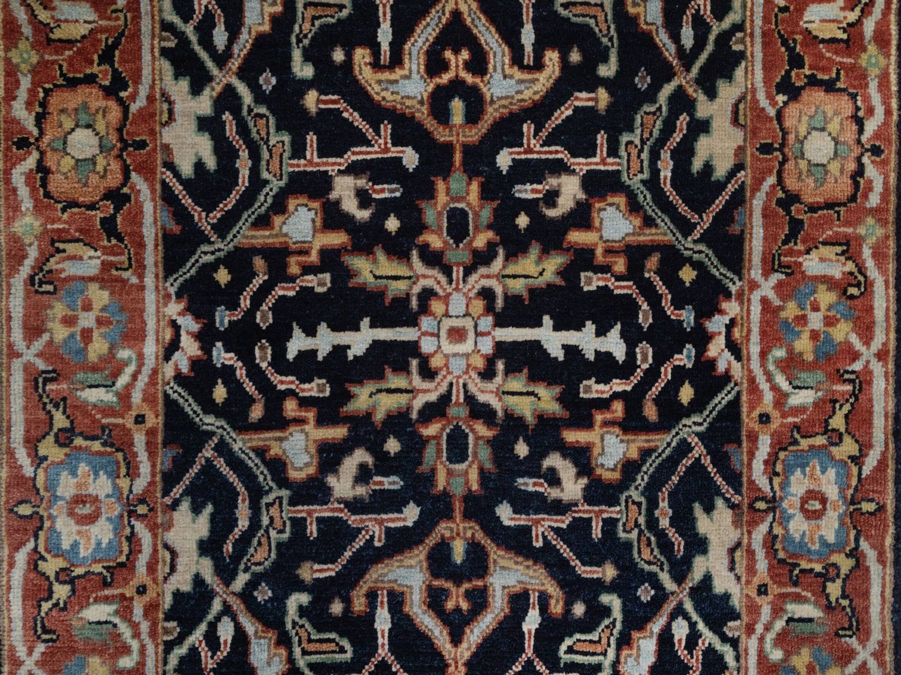 2'7"x6' Midnight Blue, Hand Spun New Zealand Wool, Hand Knotted, Antiqued Fine Heriz Re-Creation with All Over Design, Denser Weave, Vegetable Dyes, Runner, Oriental Rug HR92440 - Image 5