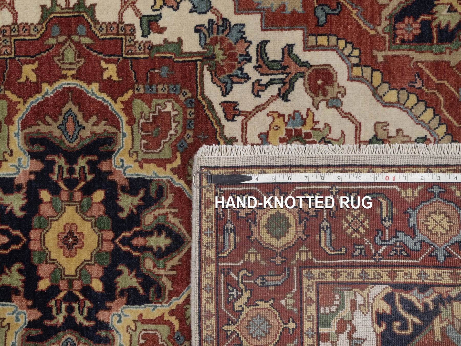 4'1"x6'2" Chiffon White, Antiqued Fine Heriz Re-Creation with Medallion Design, Hand Spun New Zealand Wool, Denser Weave, Vegetable Dyes, Hand Knotted, Oriental Rug HR92446 - Image 8