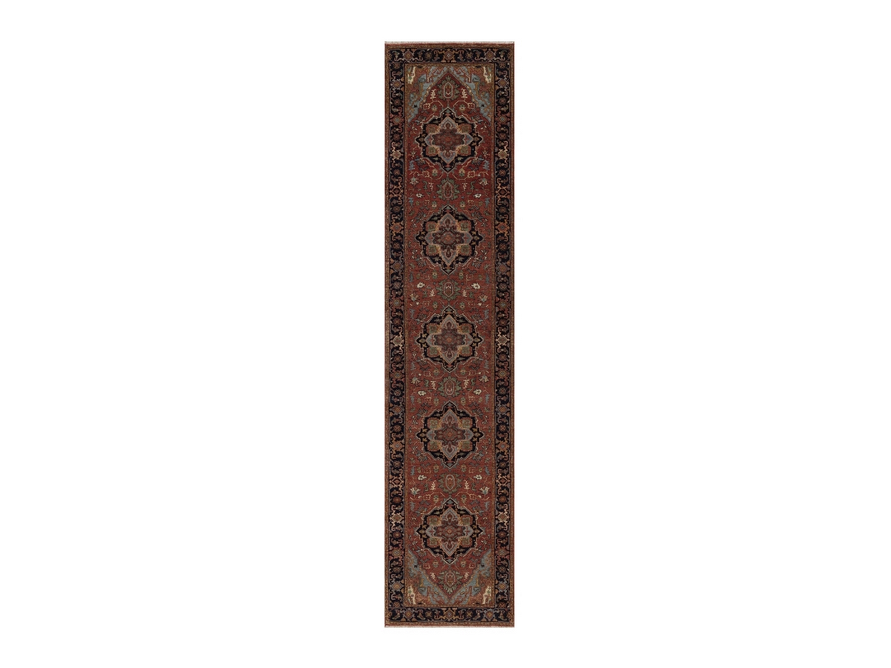 2'7"x12'1" Brick Red, Antiqued Fine Heriz Re-Creation, Medallions Design, Denser Weave, Vegetable Dyes, Hand Spun New Zealand Wool, Hand Knotted, Runner, Oriental Rug HR92449