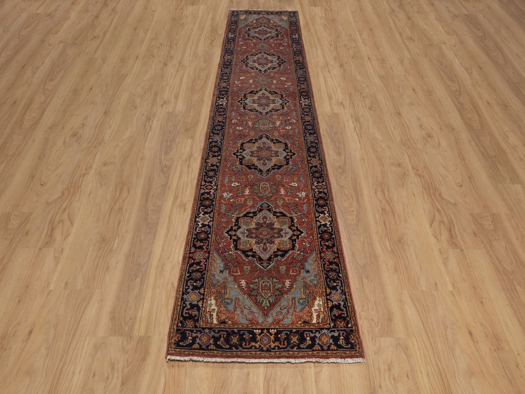 2'7"x12'1" Brick Red, Antiqued Fine Heriz Re-Creation, Medallions Design, Denser Weave, Vegetable Dyes, Hand Spun New Zealand Wool, Hand Knotted, Runner, Oriental Rug HR92449 - Image 2