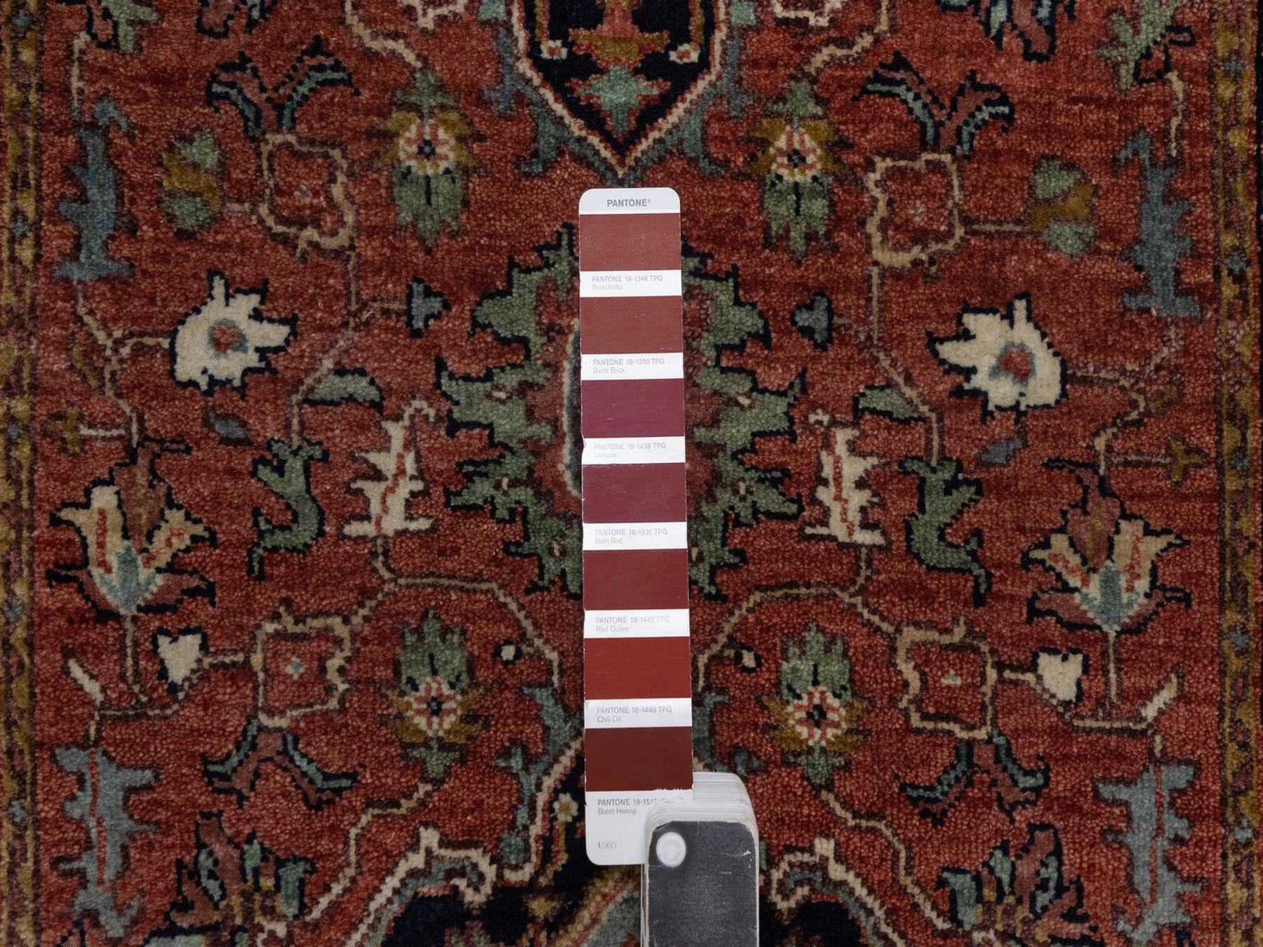 2'7"x12'1" Brick Red, Antiqued Fine Heriz Re-Creation, Medallions Design, Denser Weave, Vegetable Dyes, Hand Spun New Zealand Wool, Hand Knotted, Runner, Oriental Rug HR92449 - Image 4