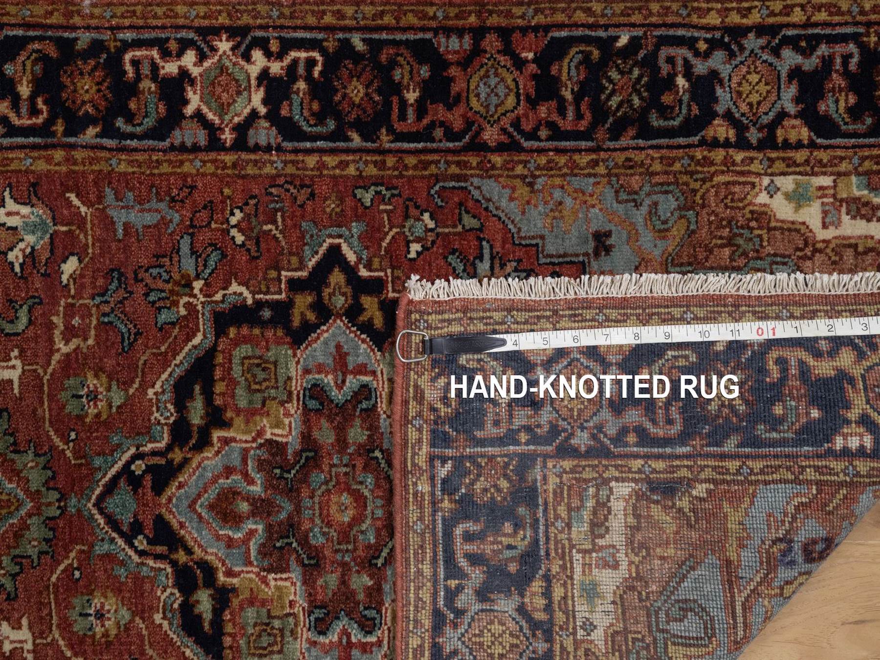 2'7"x12'1" Brick Red, Antiqued Fine Heriz Re-Creation, Medallions Design, Denser Weave, Vegetable Dyes, Hand Spun New Zealand Wool, Hand Knotted, Runner, Oriental Rug HR92449 - Image 8