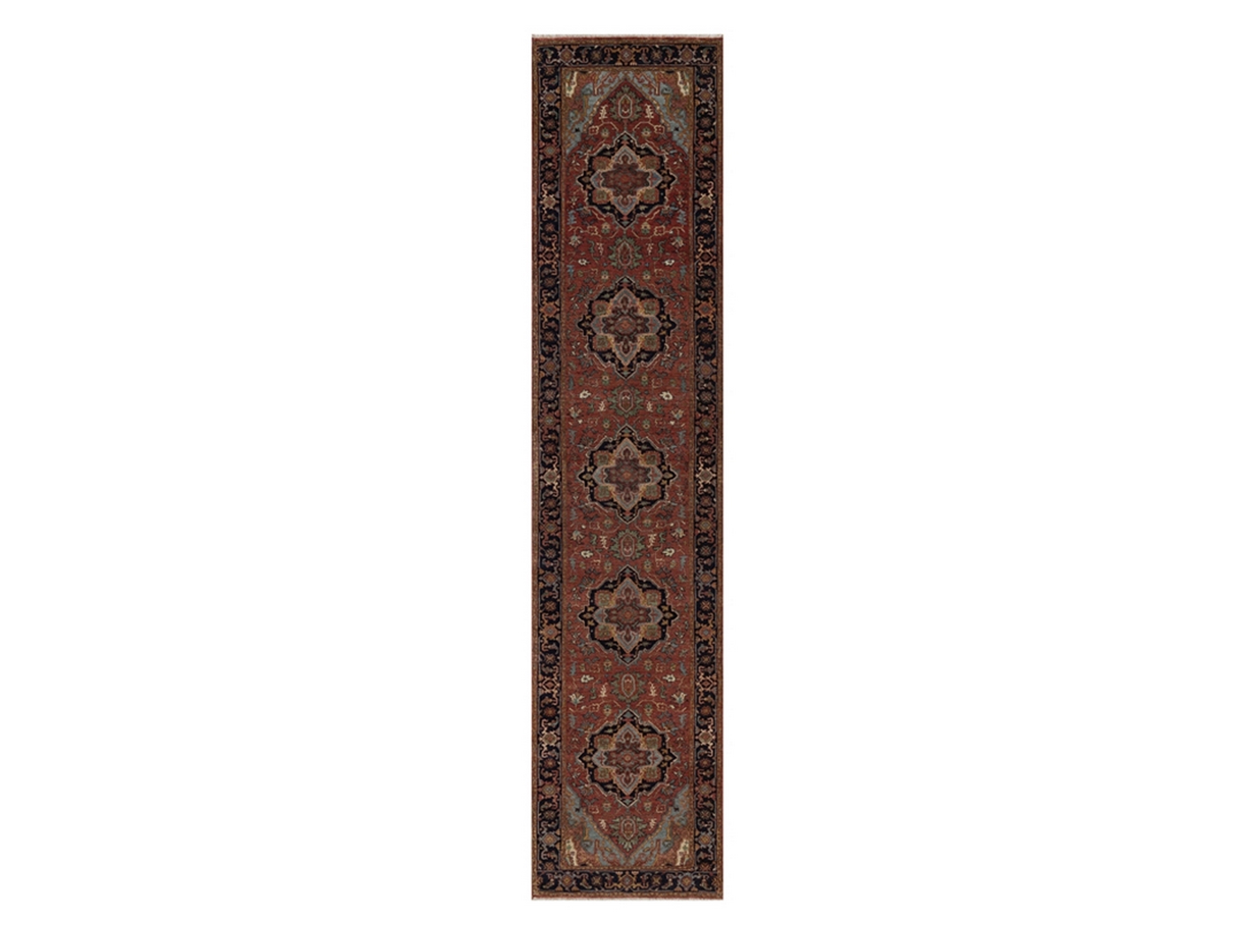 2'6"x12' Auburn Red, Antiqued Fine Heriz Re-Creation, Medallions Design, Hand Spun New Zealand Wool, Denser Weave, Vegetable Dyes, Hand Knotted, Runner, Oriental Rug HR92450