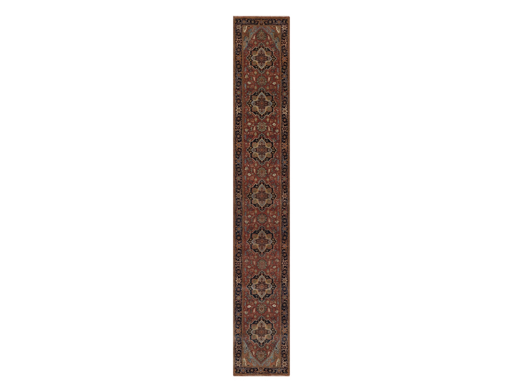 2'6"x16' Brick Red, Vegetable Dyes, Antiqued Fine Heriz Re-Creation, Medallions Design, Denser Weave, Hand Spun New Zealand Wool, Hand Knotted, Runner, Oriental Rug HR92451