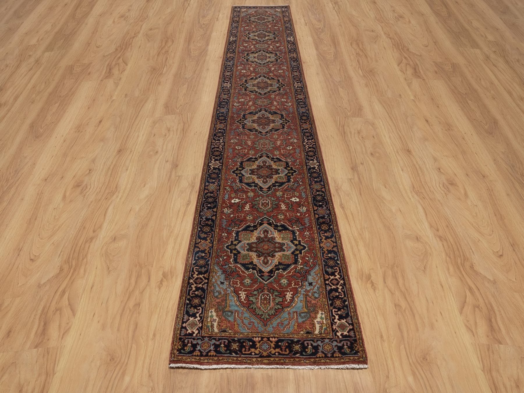 2'6"x16' Brick Red, Vegetable Dyes, Antiqued Fine Heriz Re-Creation, Medallions Design, Denser Weave, Hand Spun New Zealand Wool, Hand Knotted, Runner, Oriental Rug HR92451 - Image 2