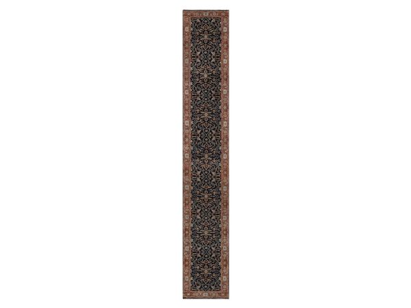 2'6"x16' Midnight Blue, Antiqued Fine Heriz Re-Creation, All Over Design, Hand Spun New Zealand Wool, Denser Weave, Vegetable Dyes, Hand Knotted, XL Runner, Oriental Rug HR92452