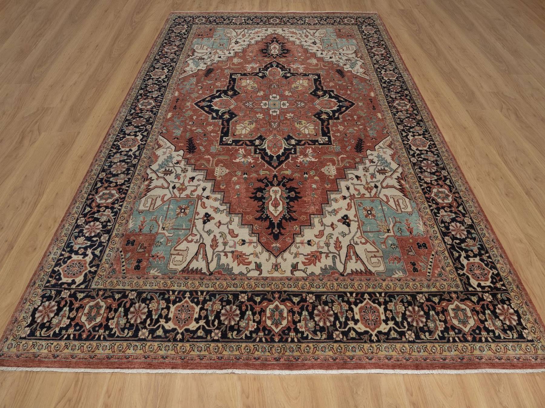 9'1"x12'1" Auburn Red, Hand Spun New Zealand Wool, Hand Knotted, Antiqued Fine Heriz Re-Creation with Geometric Medallion, Vegetable Dyes, Denser Weave, Oriental Rug HR92458 - Image 2