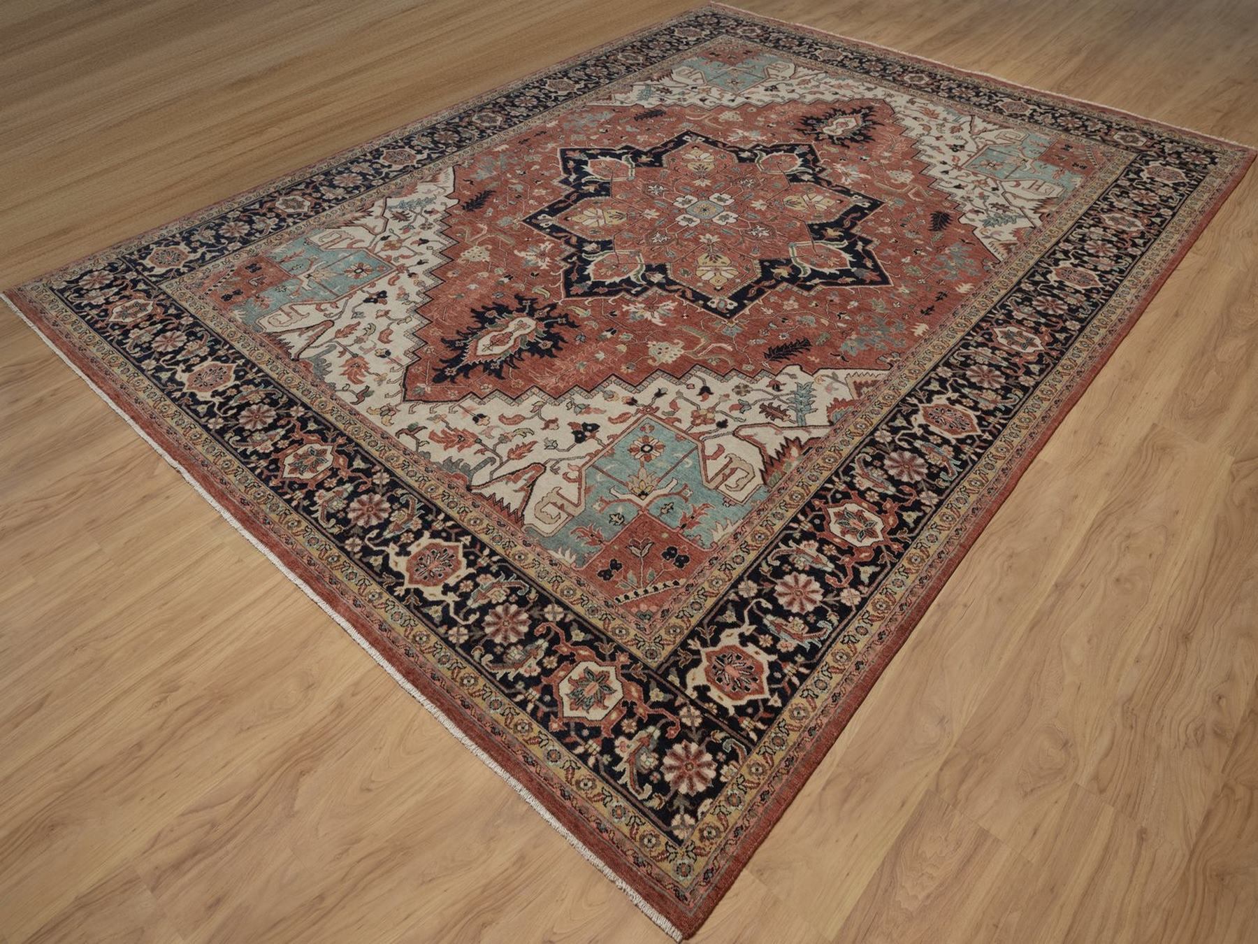 9'1"x12'1" Auburn Red, Hand Spun New Zealand Wool, Hand Knotted, Antiqued Fine Heriz Re-Creation with Geometric Medallion, Vegetable Dyes, Denser Weave, Oriental Rug HR92458 - Image 3
