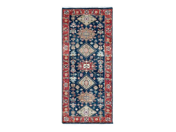 2'7"x6' Navy Blue, Karajeh Design with Tribal Medallions, Hand Knotted, Soft Wool, Runner, Oriental Rug HR10302