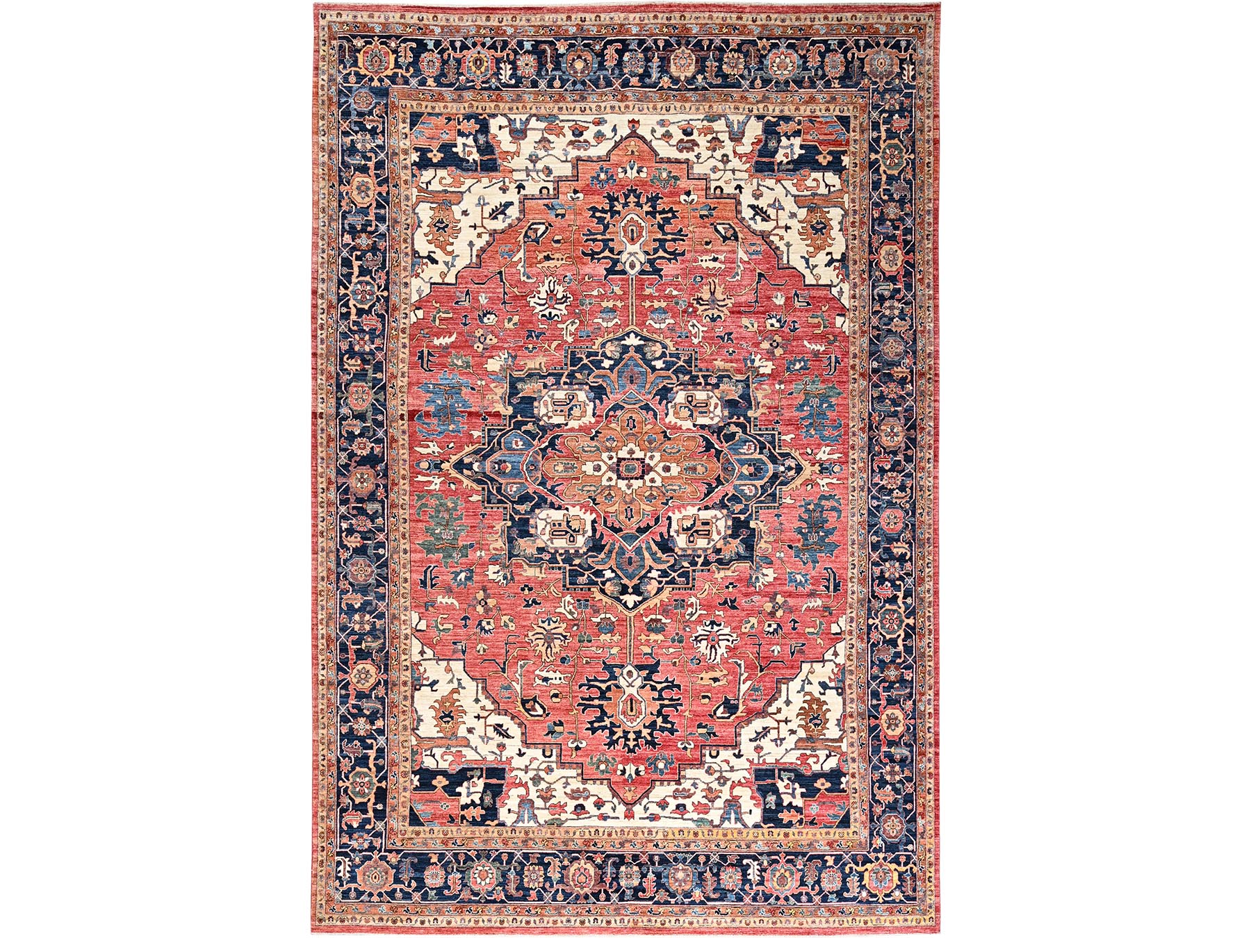 11'10"x17'7" Coral Red, Aryana Collection, Serapi Heriz with Large Medallion Design, Vegetable Dyes, Soft Pile, High Mountain Wool, Hand Knotted, Densely Woven, Oversized, Oriental Rug HR1054