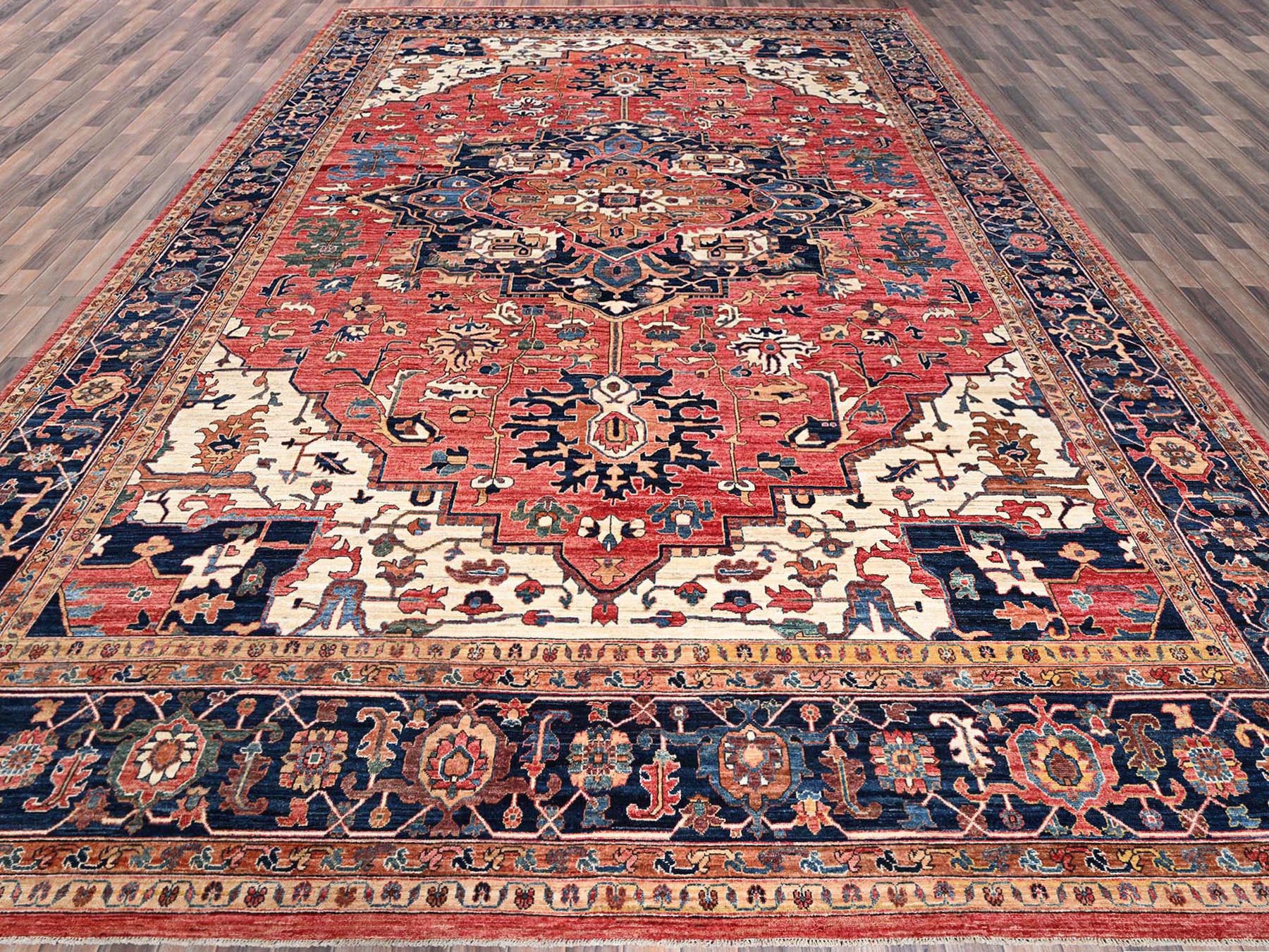 11'10"x17'7" Coral Red, Aryana Collection, Serapi Heriz with Large Medallion Design, Vegetable Dyes, Soft Pile, High Mountain Wool, Hand Knotted, Densely Woven, Oversized, Oriental Rug HR1054 - Image 2