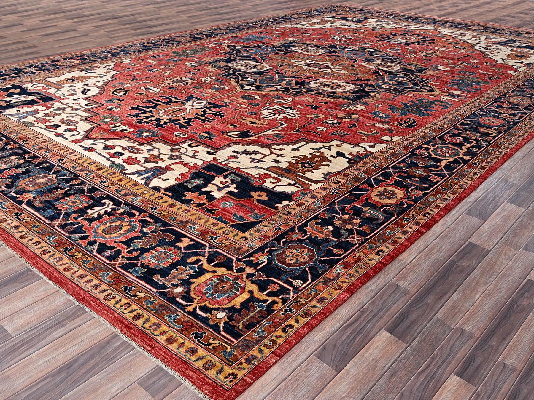 11'10"x17'7" Coral Red, Aryana Collection, Serapi Heriz with Large Medallion Design, Vegetable Dyes, Soft Pile, High Mountain Wool, Hand Knotted, Densely Woven, Oversized, Oriental Rug HR1054 - Image 3