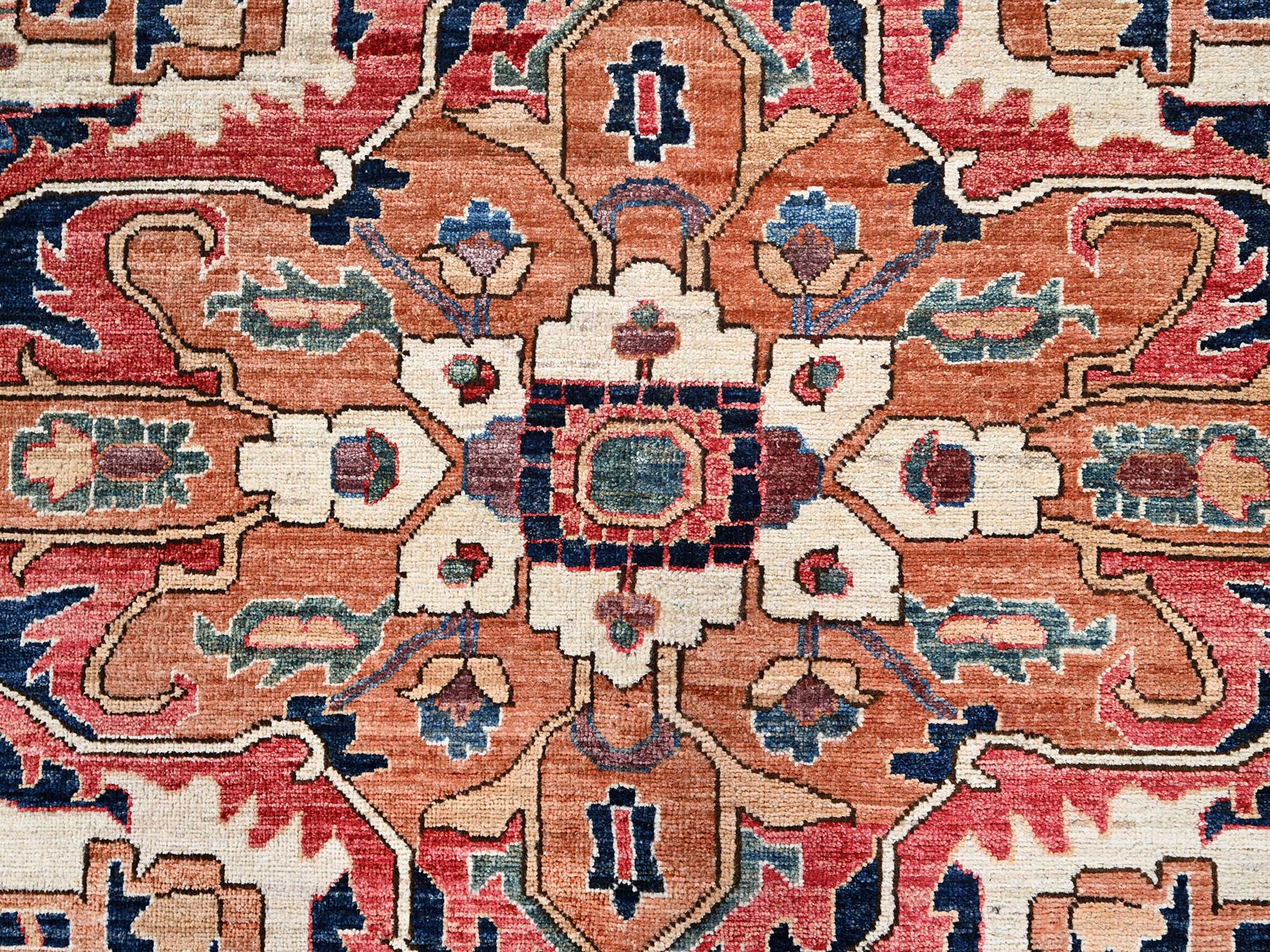 11'10"x17'7" Coral Red, Aryana Collection, Serapi Heriz with Large Medallion Design, Vegetable Dyes, Soft Pile, High Mountain Wool, Hand Knotted, Densely Woven, Oversized, Oriental Rug HR1054 - Image 8