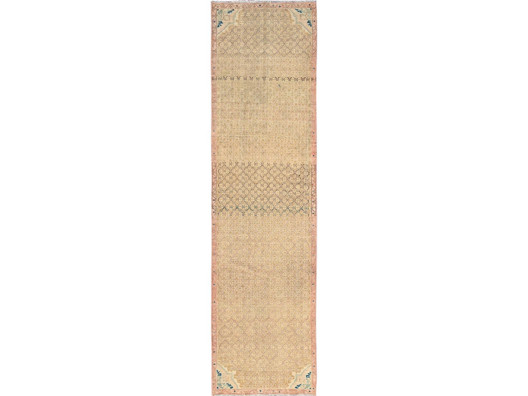 2'5"x9'3" Camel Hair, Vintage Persian Serab with Distinct Abrash, Hand Knotted, 100% Wool, Worn and Distressed, Sheared Low, Zero Pile, Sides and Ends Professionally Secured, Runner, Oriental Rug HR1679