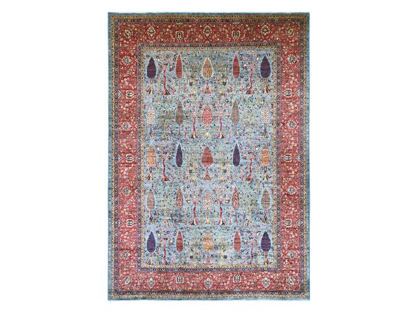 10'x14' Cerulean Blue, Aryana Grade, Peshawar with All Over Tree Design, High Mountain Wool, Hand Knotted, Vegetable Dyes, Densely Woven, Oriental Rug HR21123