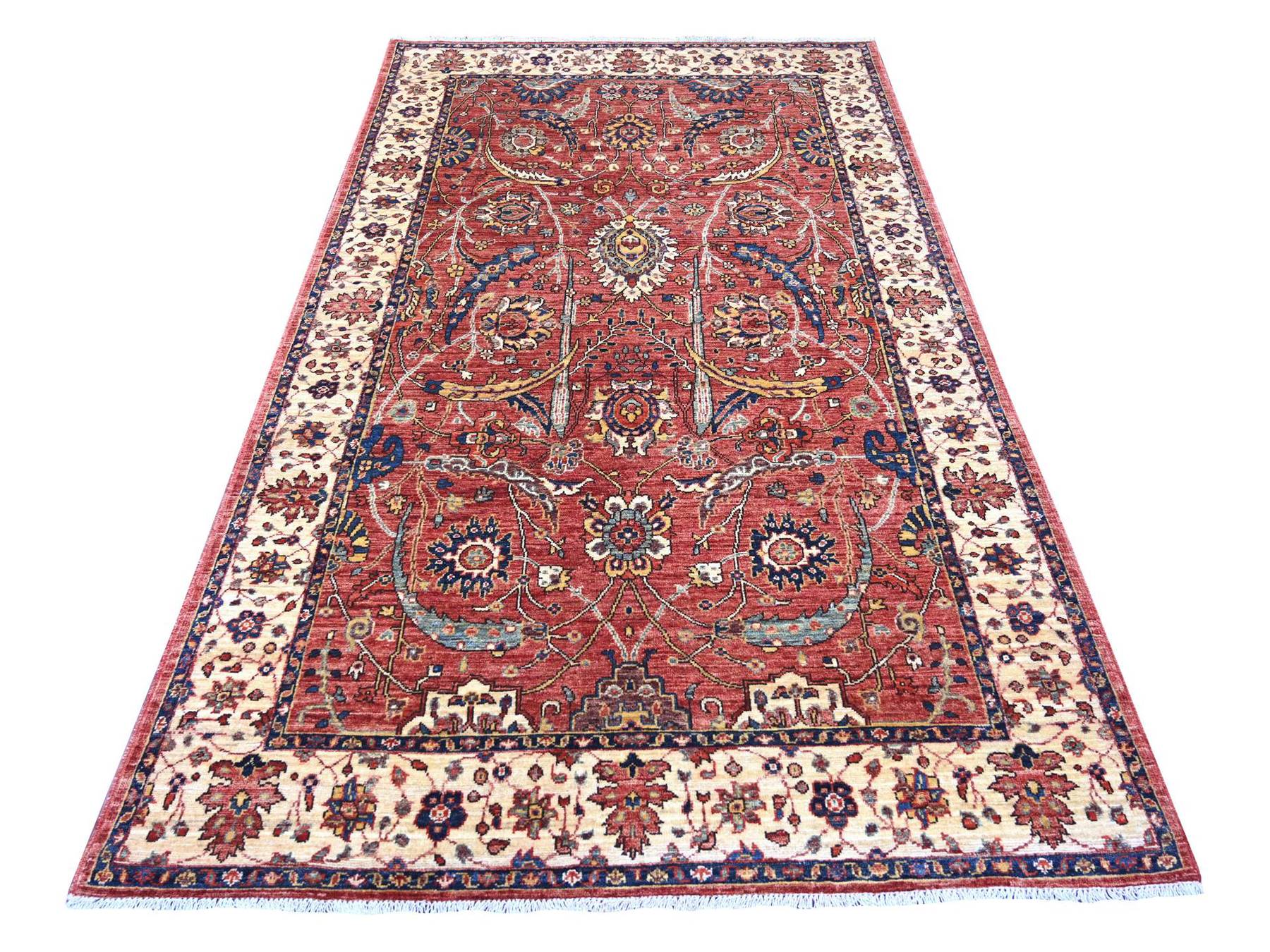 5'x8'2" Prismatic Red, Aryana Grade, Sickle Leaf Design, Vegetable Dyes, Pure Wool, Hand Knotted, Soft Pile, Densely Woven, Oriental Rug HR21147