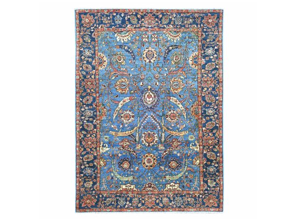 6'4"x8'8" Imperial Blue, Aryana Collection, Sickle Leaf Design, Vegetable Dyes, Pure Wool, Hand Knotted, Soft Pile, Densely Woven, Oriental Rug HR21148