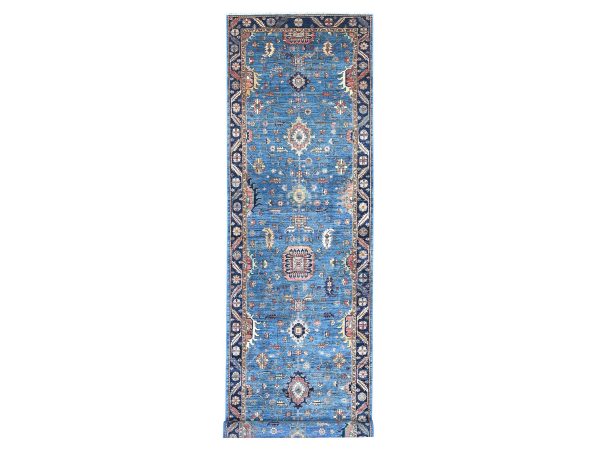 4'4"x19' Imperial Blue, Heriz All Over Design, Hand Knotted, Aryana Collection, Vegetable Dyes, High Mountain Wool, Soft Pile, Densely Woven, XL, Wide Runner, Oriental Rug HR21149
