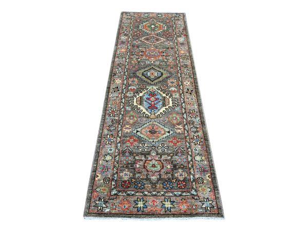 2'8"x8' Sonic Gray, Aryana Collection, Peshawar with Karajeh Design, Vegetable Dyes, High Mountain Wool, Hand Knotted, Runner, Oriental Rug HR21177