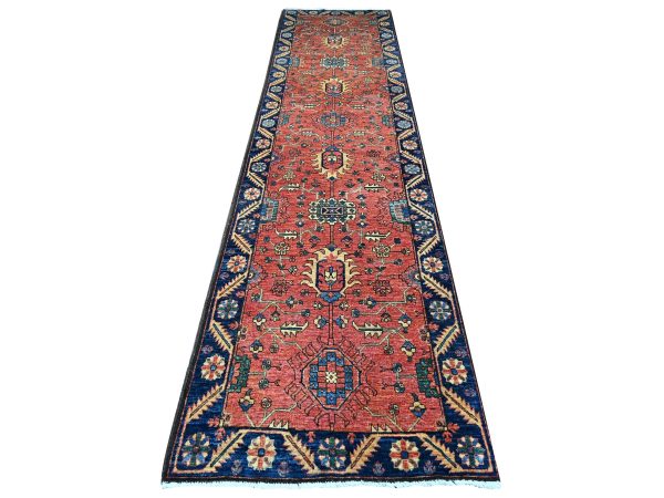 3'2"x13'6" Coral Red, Antiqued Heriz Design, Vegetable Dyes, High Mountain Wool, Aryana Grade, Hand Knotted, Soft Pile, Densely Woven, Wide Runner, Oriental Rug HR21181