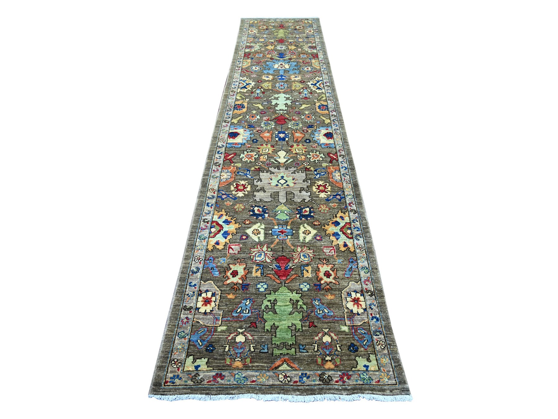 3'x13'8" Coffee Brown, Heriz All Over Design, Aryana Collection, Vegetable Dyes, Hand Knotted, Soft Pile, High Mountain Wool, Densely Woven, Runner, Oriental Rug HR21183
